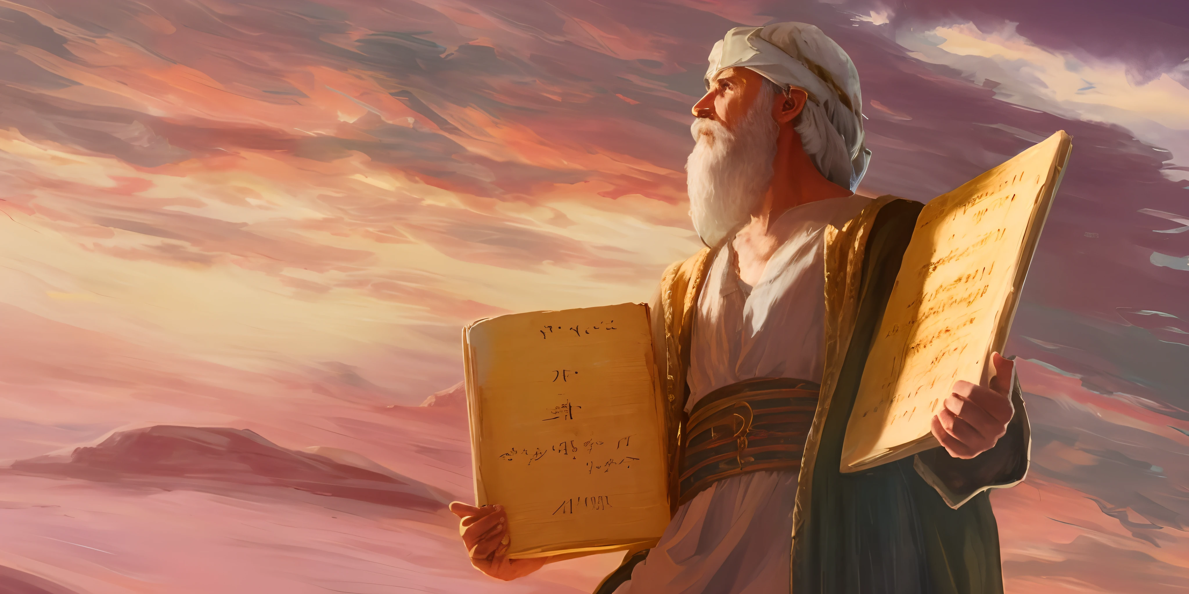 Arafed painting of a man holding a book in his hands, moses, bible illustration, Comprimido de esmeralda, biblical painting, arte conceitual de deus, Jeremias, Directed by: Scott Gustafson, biblical art, Antigo Testamento, epic biblical representation, biblical art style, Rob Rey, Directed by: John La Gatta, Ancient Biblical, Directed by: Joseph Henderson, Directed by: Alexander Kucharsky