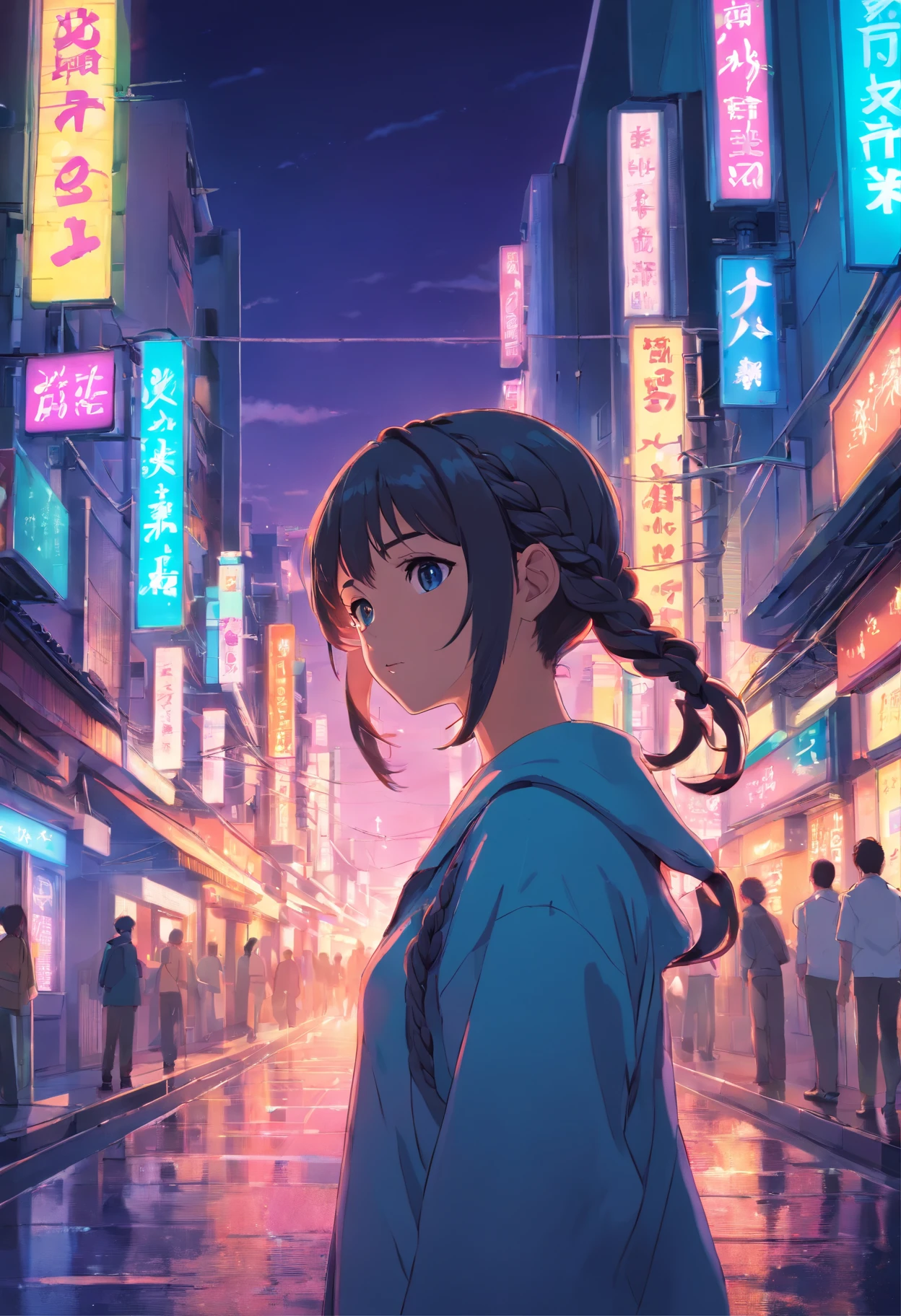 an anime girl with braids in the neon streets of tokyo