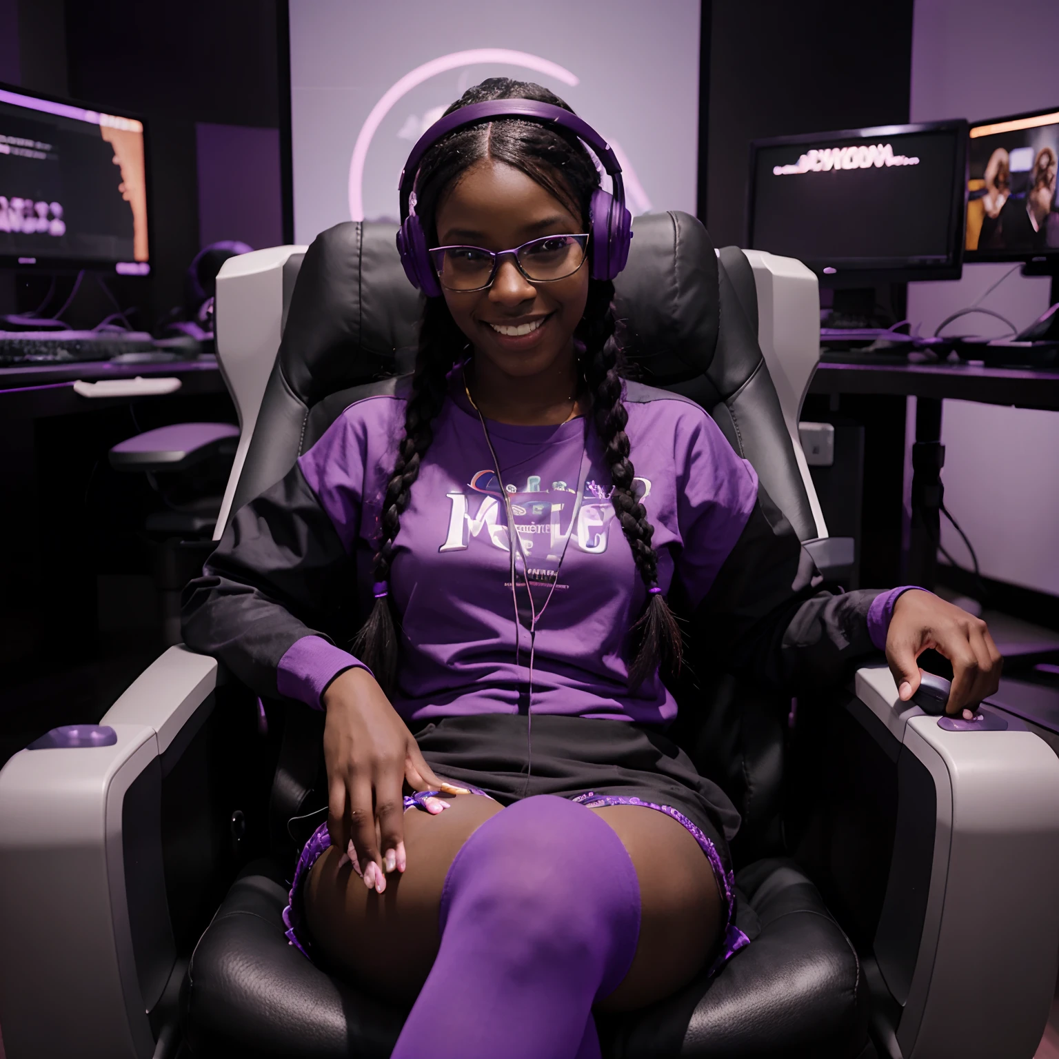 black girl, dark skinned woman, purple braids, wearing glowing purple headphones with microphone,wearing bayonetta glasses, smiling, sitting in gaming chair