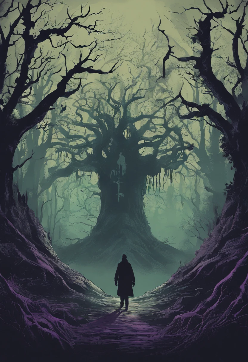 Create a spine-chilling t-shirt design inspired by a haunted path in the midst of a dark and eerie forest. The design should capture the sense of impending danger and mystery that lies within. Incorporate elements like gnarled trees, moonlit shadows, and eerie silhouettes to set the eerie atmosphere. You can also add haunting symbols or ghostly apparitions to enhance the supernatural ambiance. Remember to use a combination of chilling colors like deep purples, eerie greens, and haunting blacks to bring your design to life. Feel free to get creative and add your own unique twist to make it truly terrifying!