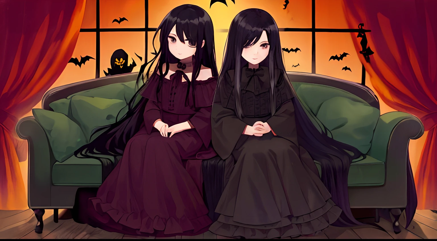 (Long-haired, Black-haired man),(Dark, eldritch, mysterious, spooky), (Vampire),(Creepy, Ghost Ghosts),(Two Ghost Dolls),(Sitting on a Sofa),(halloween style),(based on Jason Teraoka, 1995 film),(Christian, Cory)