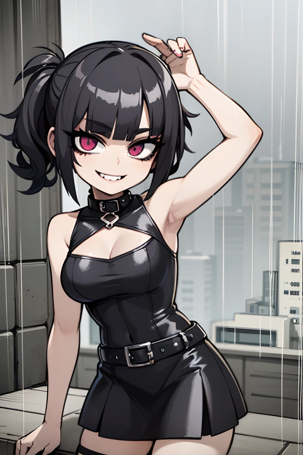 Girl, peekaboo hairstyle, black hair, punk outfit, Latex blck top, black skirt, black lips, smiling, goth girl, 4k, in a city, Rain city, Gray cloudy sky, 4k, Looking at the Viewer, masterpiece