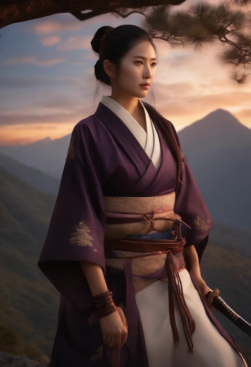As the sun set over the mountains, the samurai girl stood at the edge of the cliff, her katana gleaming in the fading light. She had come to this place to honor her ancestors and seek guidance for the battles ahead. Samurai Girl, standing, top-quality、masterpiece、超A high resolution、(Photorealsitic:1.4)、Raw photo、1人, large breast, highly intricate detail、Realistic light、a purple eye、radiant eyes、Facing the camera、