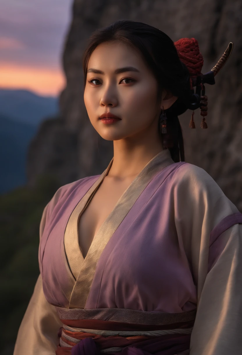 As the sun set over the mountains, the samurai girl stood at the edge of the cliff, her katana gleaming in the fading light. She had come to this place to honor her ancestors and seek guidance for the battles ahead. Samurai Girl, standing, top-quality、​masterpiece、超A high resolution、(Photorealsitic:1.4)、Raw photo、女の子1人, large breast, highly intricate detail、Realistic light、a purple eye、radiant eyes、Facing the camera、