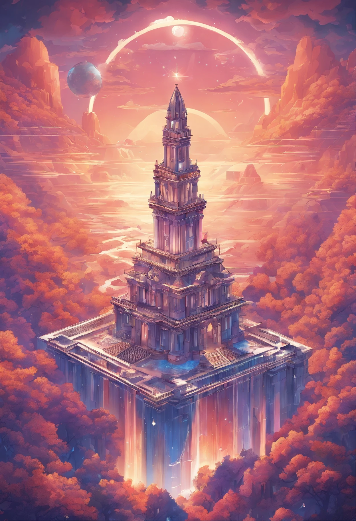(best quality, masterpieces, detailed, new features), A majestic kingdom in the sky, with shimmering effects and an eternal realm. Reflective surfaces and soaring architecture that reaches the clouds. Astonishing details that are intricately crafted. A cosmic ode to Zeus.