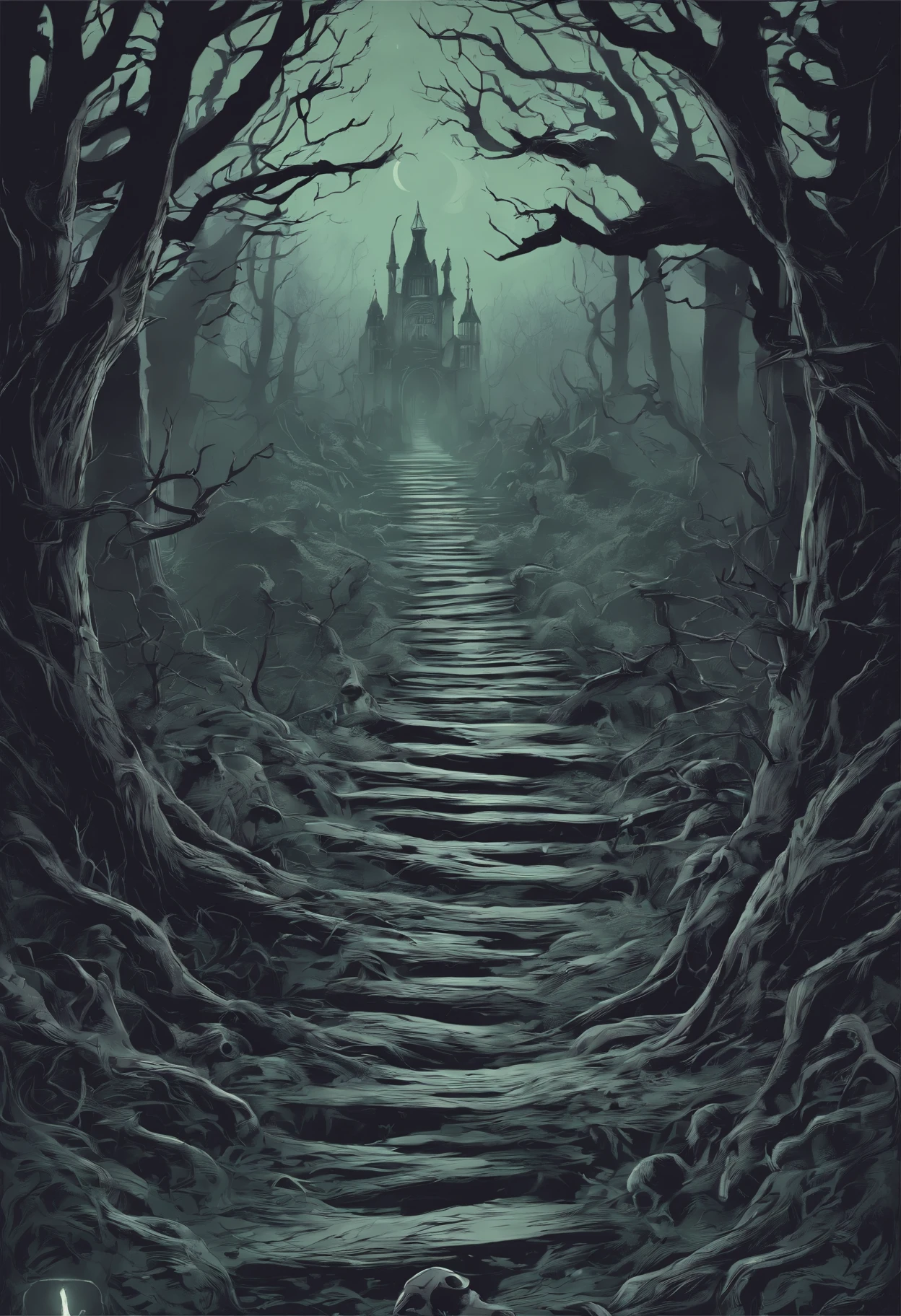 Create a spine-chilling t-shirt design inspired by a haunted path in the midst of a dark and eerie forest. The design should capture the sense of impending danger and mystery that lies within. Incorporate elements like gnarled trees, moonlit shadows, and eerie silhouettes to set the eerie atmosphere. You can also add haunting symbols or ghostly apparitions to enhance the supernatural ambiance. Remember to use a combination of chilling colors like deep purples, eerie greens, and haunting blacks to bring your design to life. Feel free to get creative and add your own unique twist to make it truly terrifying!