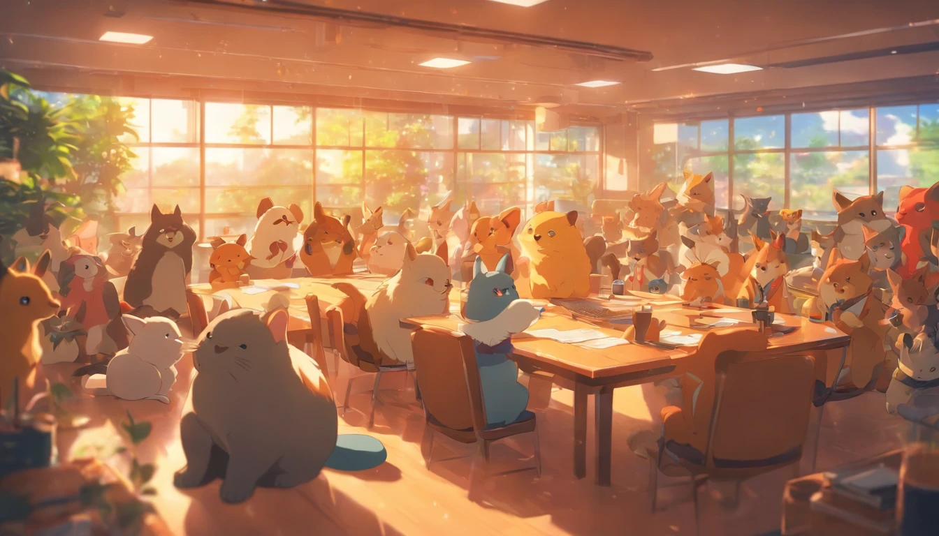 different types of cute animals gathering in a meeting room
