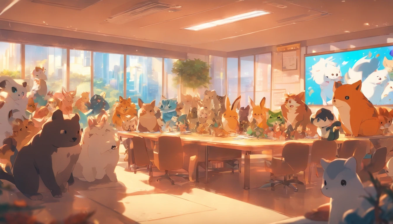 different types of cute animals gathering in a meeting room