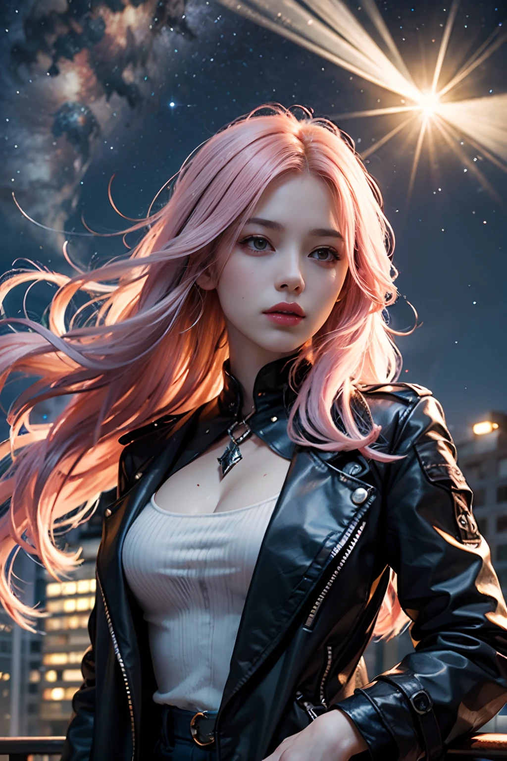 1 beautiful woman，Long pale pink hair，Long flowing hair，Outdoor starry sky，meteors，（RAW photos，best qualtiy），（realisticlying，photograph realistic：1.3），best qualtiy，highly  detailed，tmasterpiece，Hyper-detailing，illustratio，1girll，The upper part of the body，dynamic angle，Masterpiece Theatre of the World，Messy_Long_Hair，best qualtiy，extremely detailed CG unity 8k wal，ink，astounding，cinmatic lighting，lens_flare，，Cyberpun style is trendy and fashionable