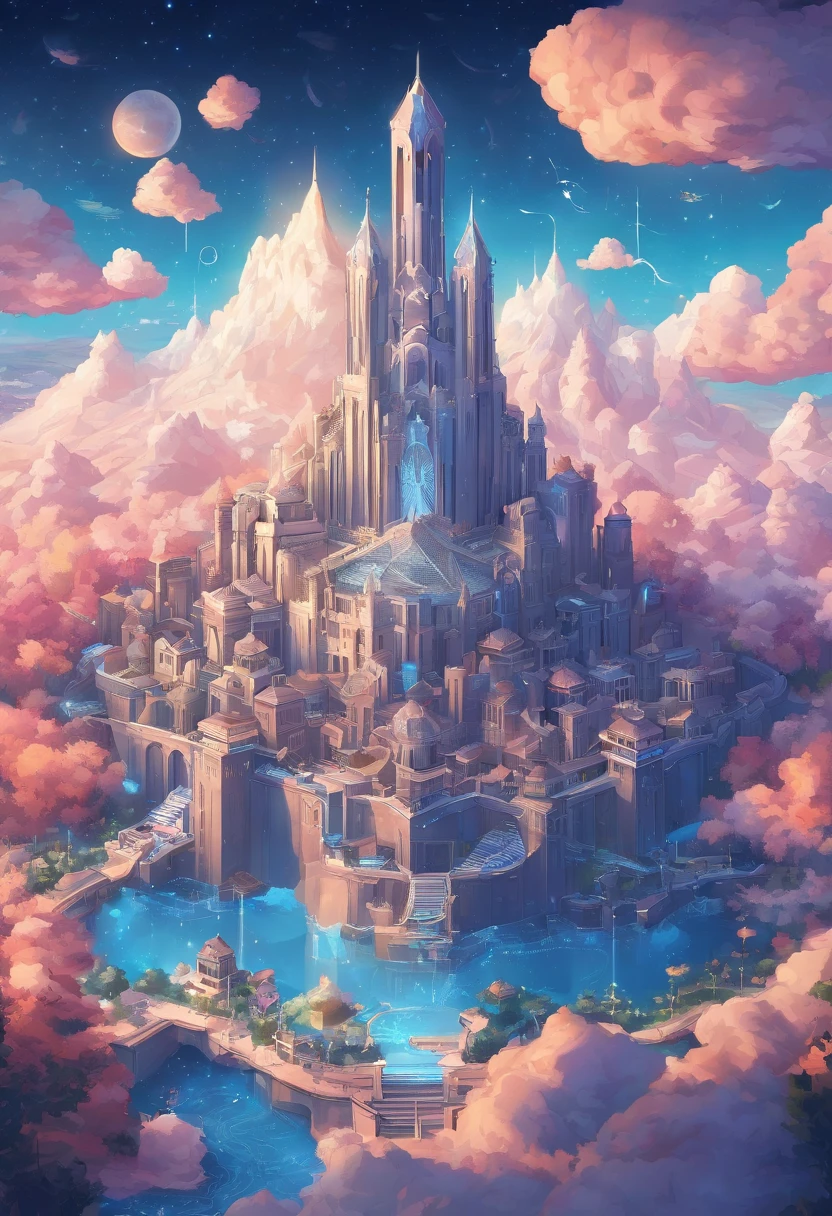 (Best quality, Masterpieces, Detailed, New features), A majestic kingdom in the sky, With sparkling effects and timeless realms. Reflective surfaces and towering buildings,Direct access to the clouds. Amazing details crafted with great care. Ode to the universe of Zeus.Glittering starry sky