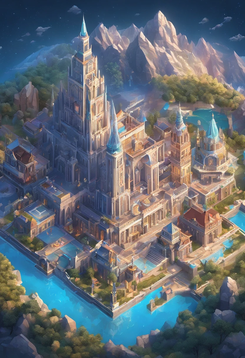 (Best quality, Masterpieces, Detailed, New features), A majestic kingdom in the sky, With sparkling effects and timeless realms. Reflective surfaces and towering buildings,Direct access to the clouds. Amazing details crafted with great care. Ode to the universe of Zeus.Glittering starry sky