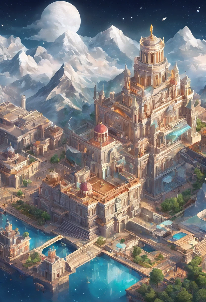 (Best quality, Masterpieces, Detailed, New features), A majestic kingdom in the sky, With sparkling effects and timeless realms. Reflective surfaces and towering buildings，Direct access to the clouds. Amazing details crafted with great care. Ode to the universe of Zeus.Glittering starry sky
