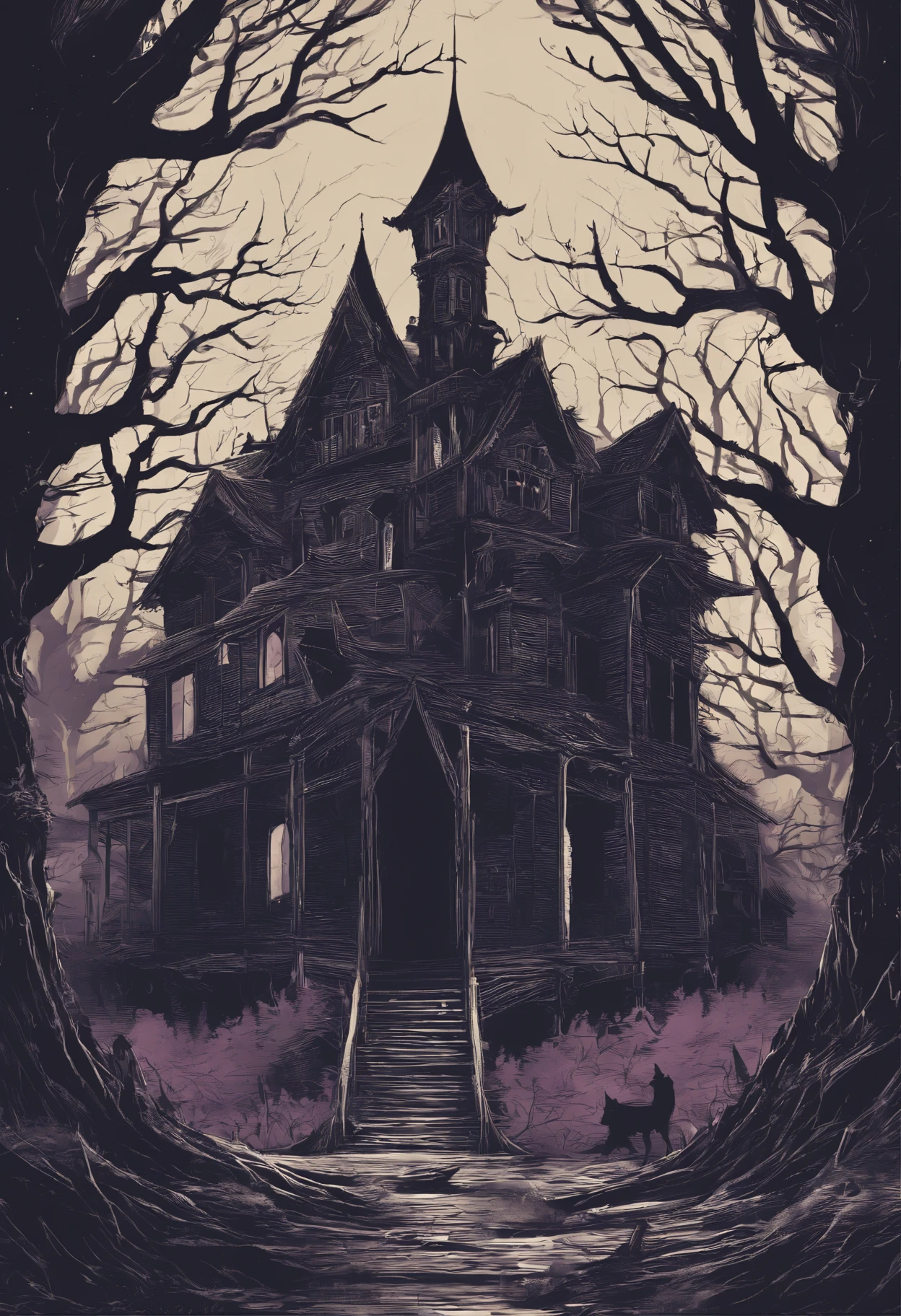 Create a spine-chilling t-shirt design inspired by a haunted path in the midst of a dark and eerie forest. The design should capture the sense of impending danger and mystery that lies within. Incorporate elements like gnarled trees, moonlit shadows, and eerie silhouettes to set the eerie atmosphere. You can also add haunting symbols or ghostly apparitions to enhance the supernatural ambiance. Remember to use a combination of chilling colors like deep purples, eerie greens, and haunting blacks to bring your design to life. Feel free to get creative and add your own unique twist to make it truly terrifying!