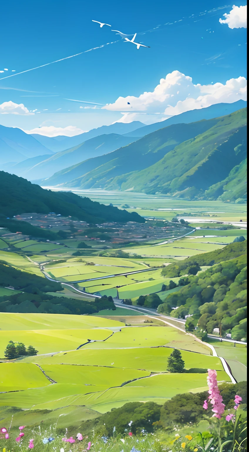 Distant scenery，Green mountains，clear blue skies，Flocks of birds fly in the sky，There are butterflies everywhere，Small river around，tussock，There are flowers on the ground，a warm color palette