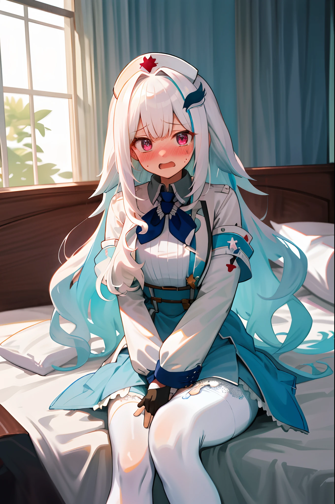 One girl with long wavy hair, white hair, looking at viewer, embarrassed, blushing, tears, open mouth, indoor , nurse, white shirt, puff long sleeves, mini skirt, thigh, perfect waist, noon atmosphere, hair ornament, sit on, crossed legs, bed , lace gloves, white pantyhose, nurse hat, (embarrassed:1.0)