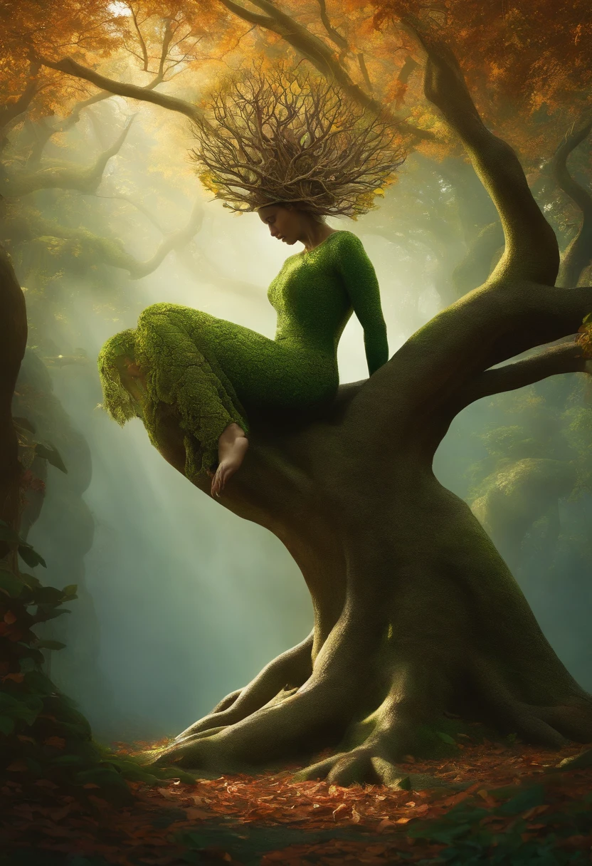fechar para cima, Arbomorph A hug of muLher's face turns into a leafy tree, with roots as legs, branches like arms, aLgumas foLhas voam em um fundo branco,L