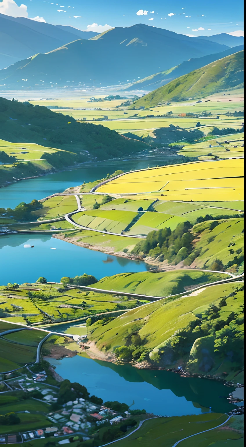 Distant scenery,Green mountains,clear blue skies,Flocks of birds fly in the sky,There are butterflies everywhere,Small river around,tussock,There are flowers on the ground,a warm color palette