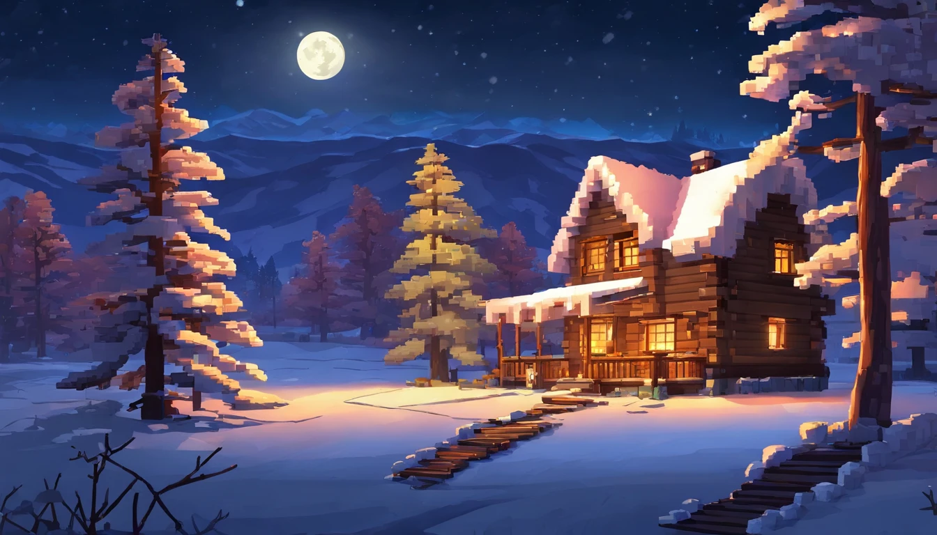 snowy night scene with a cabin and a full moon, winter night, winter scene fantasy, inspired by Evgeny Lushpin, winter atmosphere, inspired by Ivan Kramskoi, moonlight snow, winter painting, snowy night, inspired by Terry Redlin, australian winter night, twilight ; digital oil painting, the glow of the moonlight, moonlight snowing, calm night. digital illustration
