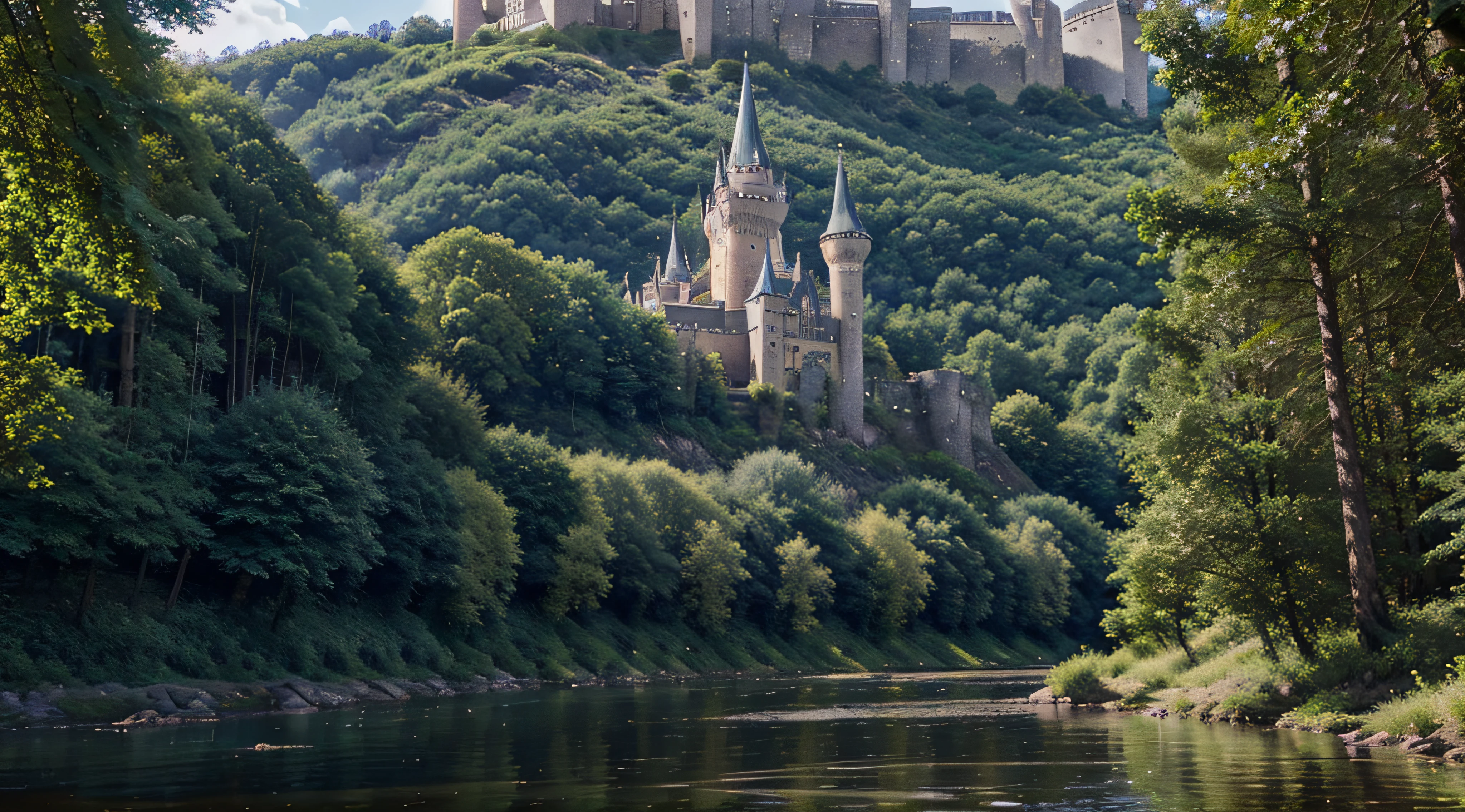scenery. Castle in the mountains with tall spires and openwork balconies, Calm River, Green forest with berry bushes, Fairytale Creatures