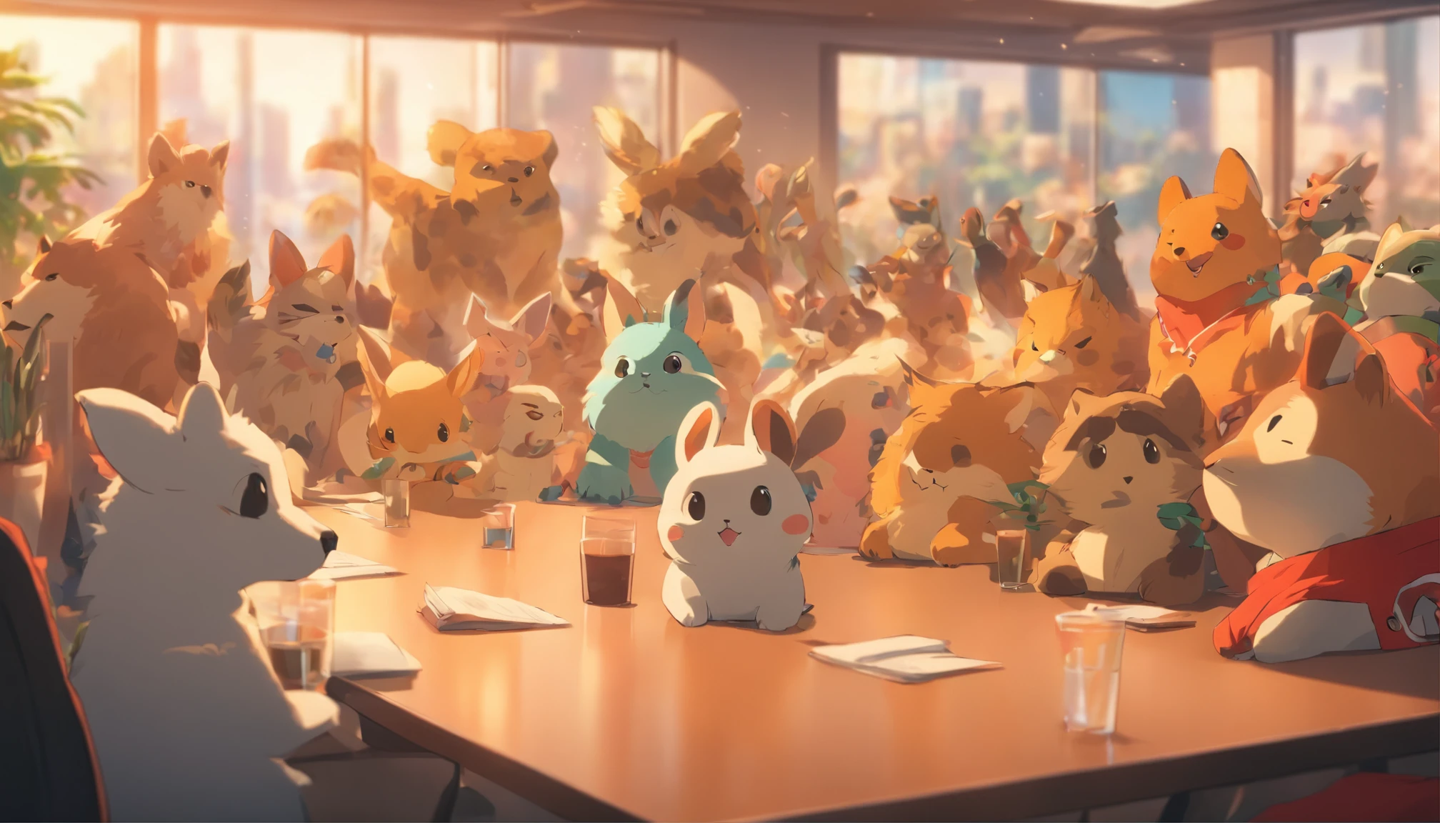 different types of cute animals gathering in a meeting room