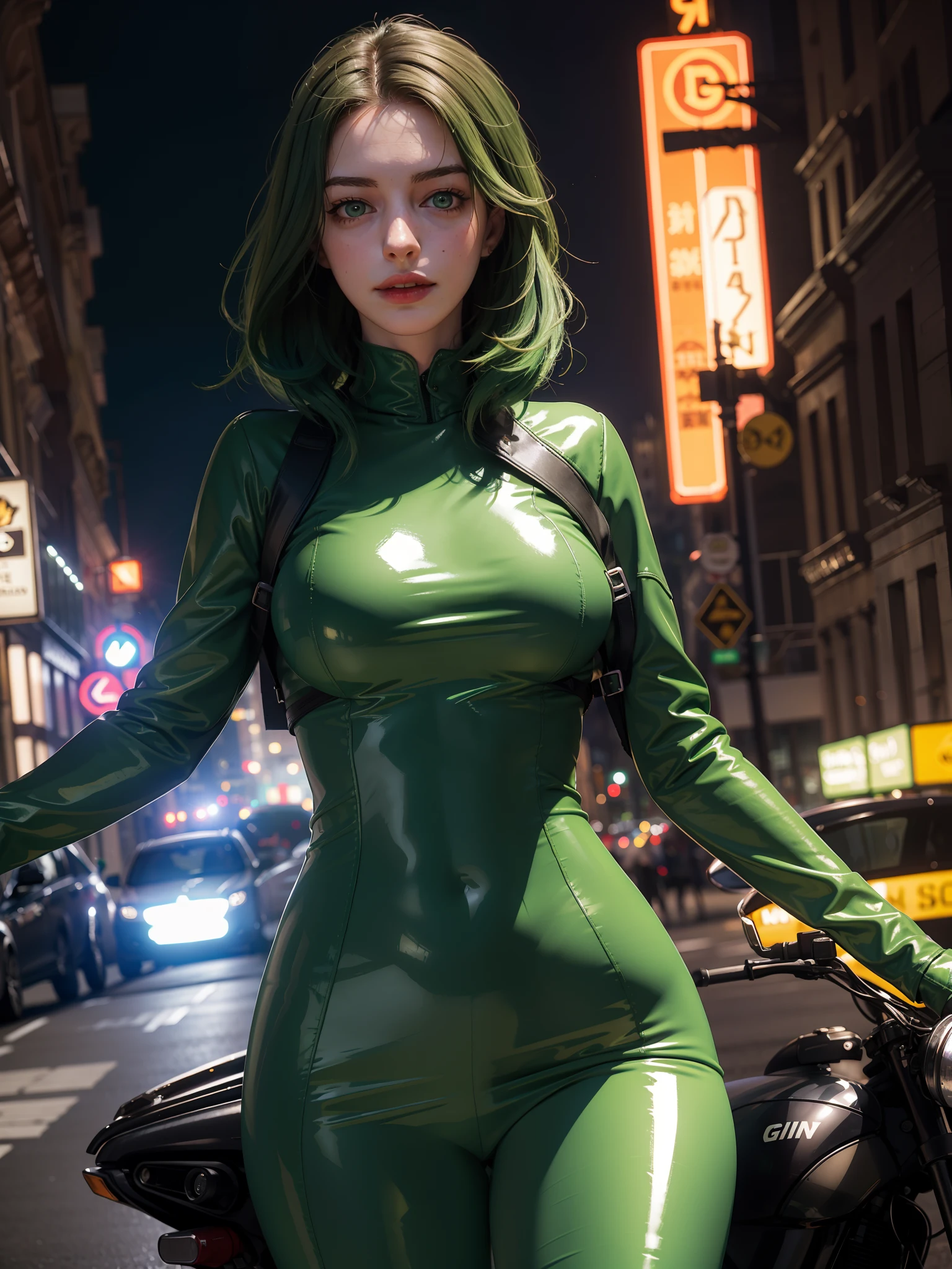 (1 lady), Anne Hathaway beautiful face, Green hair , big boobs,perfect body shape, amazing eyes, warm smile, wearing latex green gloves, (green tight dress +long sleeves, green tight trousers, green leather Jacket ), (pantyhose:0.9),model pose, Canon EOS R, deep bokeh, 80mm lens, night city, Eiffel tower in background , neon lights, cinematic framing.