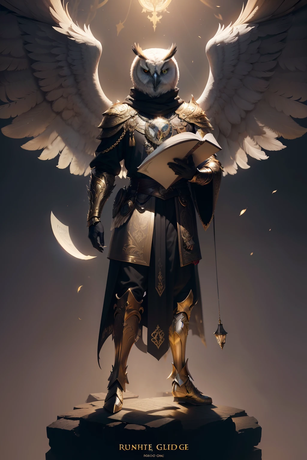 Inspirational image of an owl guide, Man with the head of a white owl，Standing on your feet, wings behind the back, Hold the book in one hand, In gold and black robes, Fantasy art, high detail, Cinematic lighting, God the Holy, Гипер HD, hight resolution, full - body, bronze armor