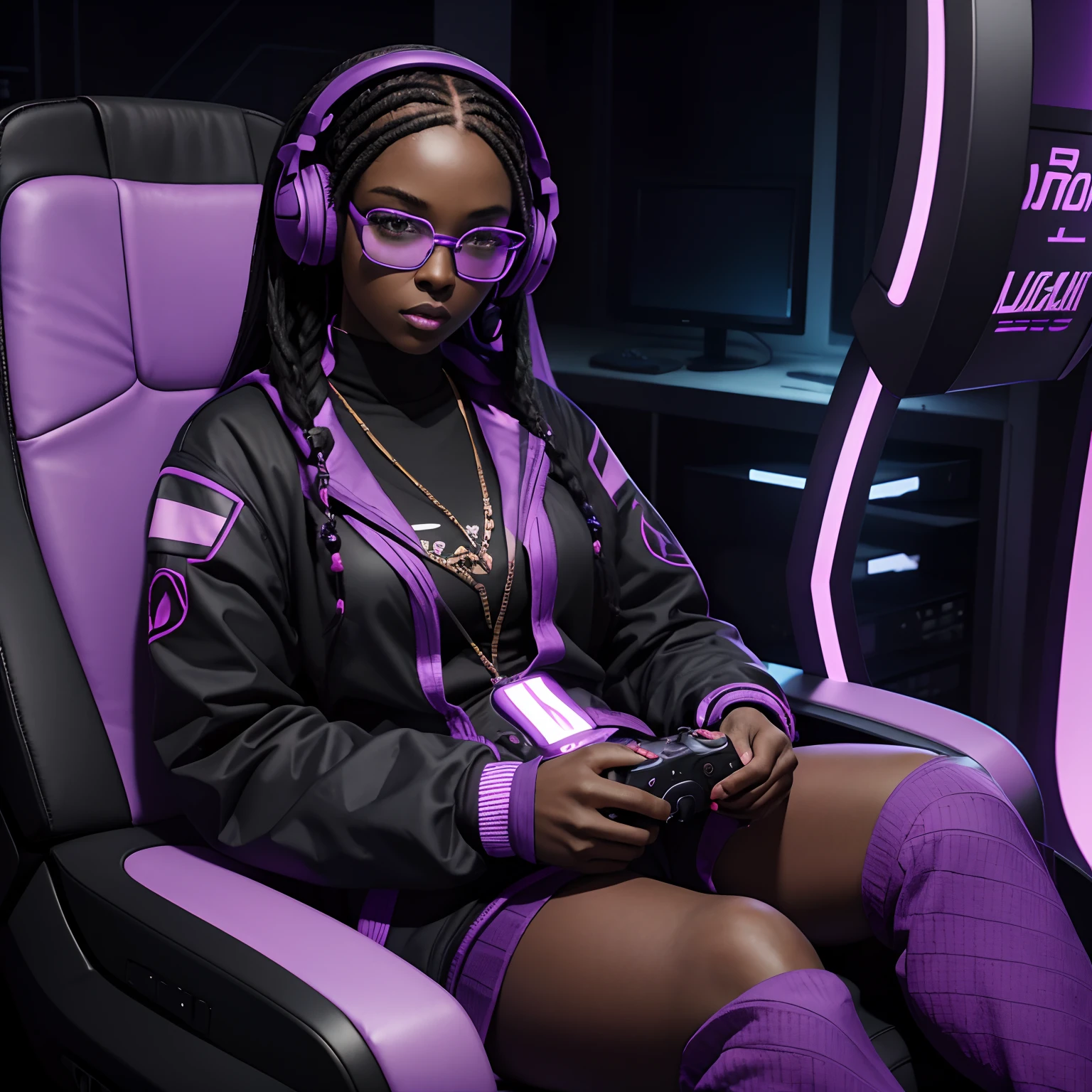 black girl, dark skinned woman, purple box braids, wearing glowing purple headphones with microphone,wearing bayonetta glasses, sitting in gaming chair, holding ps5 control playing a video game