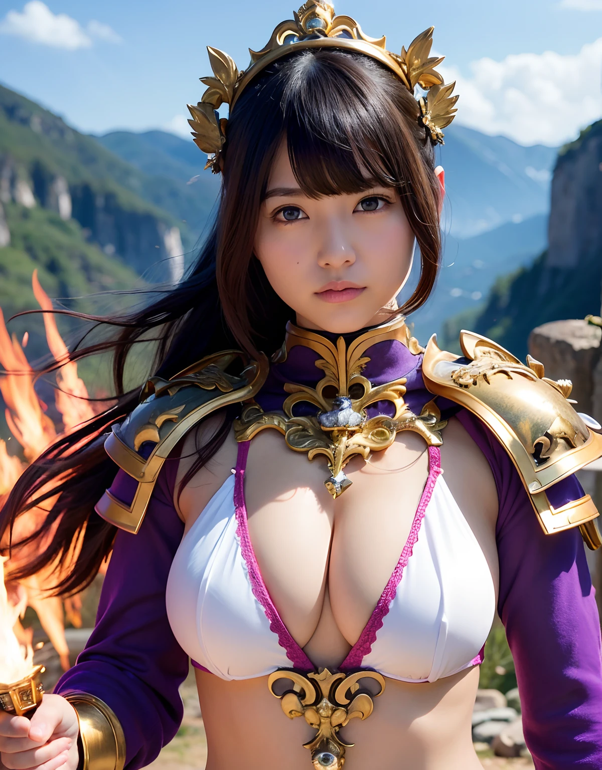 Professional , ​masterpiece、top-quality、photos realistic , 、top-quality、超A high resolution、(Photorealsitic:1.4)、Raw photo、depth of fields （Gemstone Gold Metal Body:1.9),(Matte White、Toostock、heavy breasts、（cleavage of the breast）、((( Armor))),（Detailed Dragon Armor）、（Have the strongest weapon）、（(Random Hairstyles 1.6),Dark Fantasy,）explosions、intense fighting、（Precipitous cliffs),Dragon Gold Weapon,Mystical expression、Particles of light、Fight dragons、（Detailed Dragon Helmet),Gorgeous Silver Weapons ,（（ Dragon's dense and gorgeous sword）） , Beautiful knife   ,warhammer 40k ,Detail and gorgeous tiaras、（（Blue hair））、（Castle background）、、（（Gangle's forest background））、Beautiful Caucasian beauty、１a person、dynamic ungle,(((With detailed shielding)))、Smaller head、A smile、Castle background、Thin and beautiful female hands、cleavage of the breast、Soldier in iron armor on background、Mystical expression、Light Effects、intense fighting、Wind-effect、magic circles、With the legendary magic wand、（demonic wings）、Toostock、