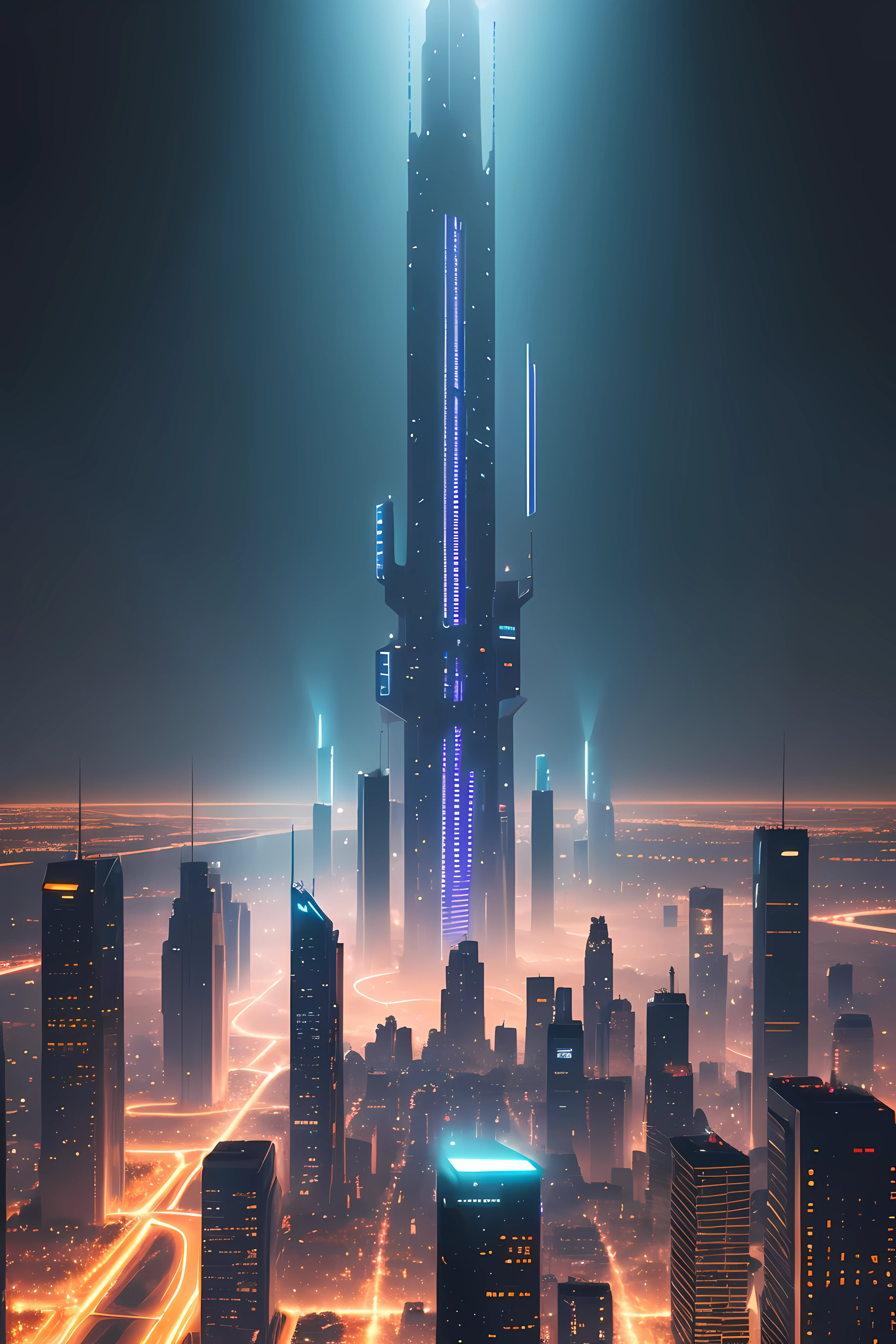 A super technological city with tall buildings, debaixo d'agua, Buildings illuminated with colored lights, fundo escuro, Civilization underwater view from on high, Ultra realista, Muitos detalhes, cyberpunk, steampunk style,