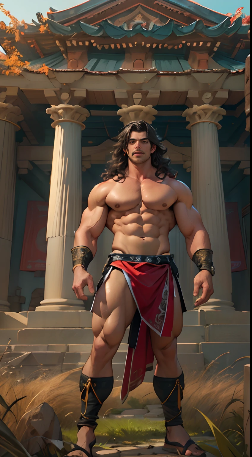 Mighty god, chest exposed, lower body unclothed from thighs to feet, flowing long curls, detailed muscular physique, strong, large pecs, photorealistic depiction, 4K resolution. Background: Temple with grass,32k uhd, best quality, masterpiece, super detail, high details