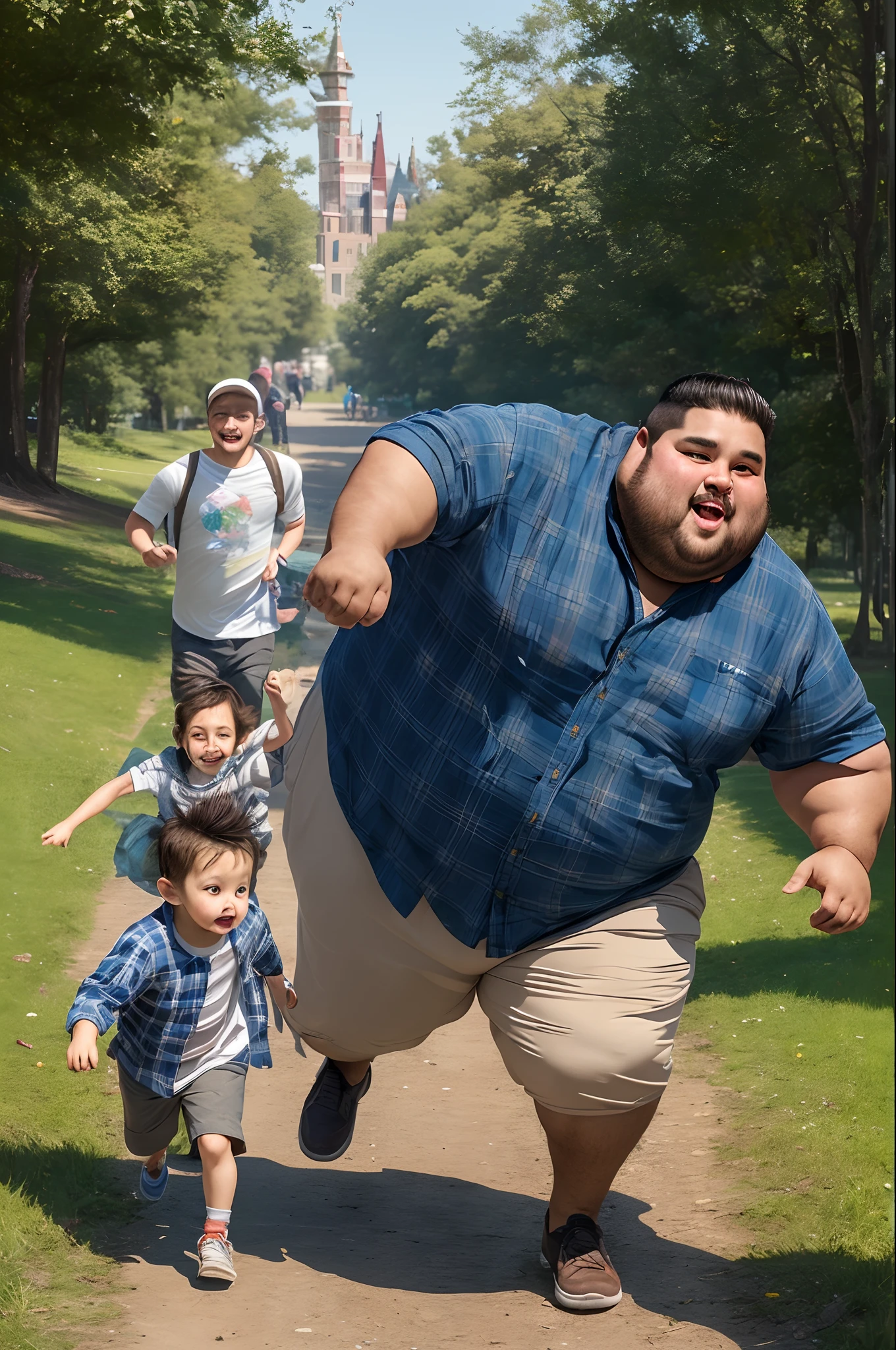 10'3" tall obese man with a brown beard wearing a blue plaid shirt chasing after a small child.  Fairy tale art style