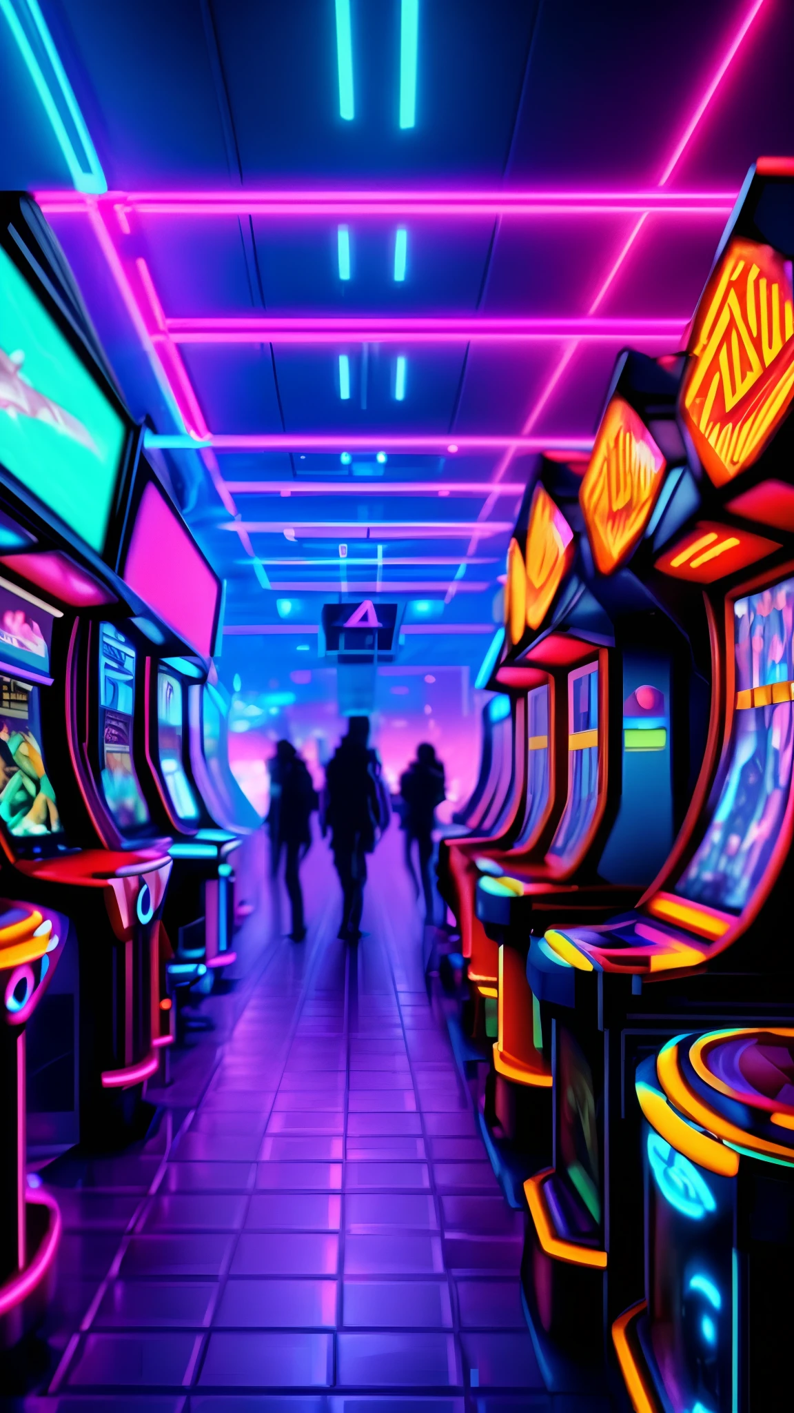 (Best quality,4K,8K,A high resolution,Masterpiece:1.2),Ultra-detailed,(Realistic,Photorealistic,photo-realistic:1.37)
Arcade, Neon lights, vintage vibes, Futuristic cyberpunk, Fantastic atmosphere
Bright colors, vibrant paint palette, Contrasting tones
Amazing building, Futuristic city landscape, towering skyscrapers, Holographic billboard
Busy streets, bustling crowd, People dressed in futuristic fashion
Arcade consoles, Illuminated buttons, Joystick controller
Virtual reality games, immersive experience, Puzzling visuals
Dream fog, Neon light, Particles floating in the air
Synth-wave music, Energetic beats, Nostalgic tunes full of space
excited, adrenaline rush, Laughter, Friends who enjoy the gaming experience
Unforgettable moments, intense competition, High score, Triumphal celebration