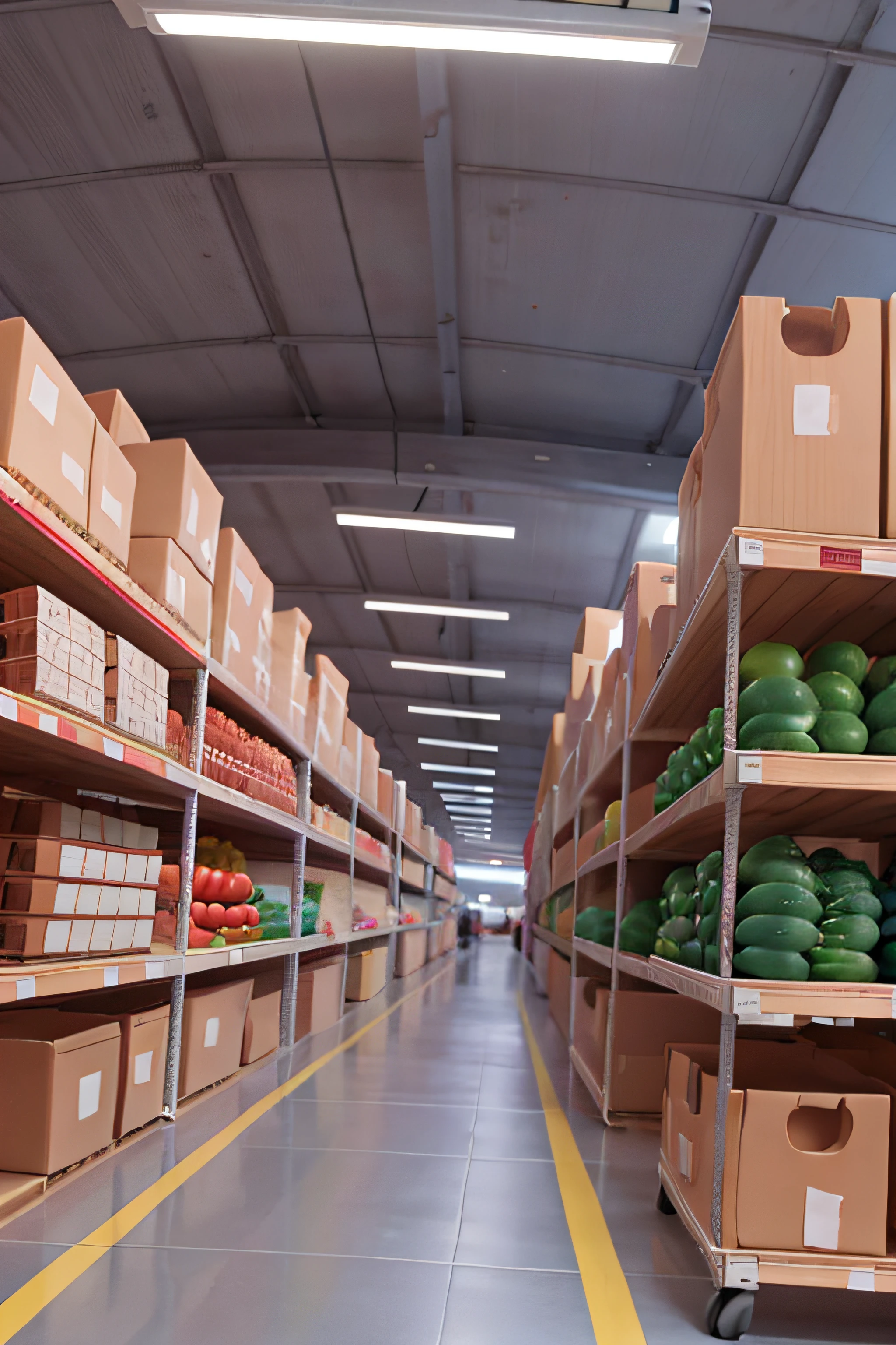 uma vista de um longo corredor de produtos em uma loja em um supermercado, mostrando uma variedade de frutas, e cores bem vivas