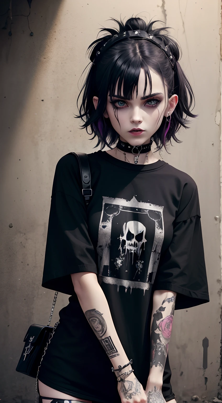 black t-shirts，Witch clothes, punk rock clothes, goth punk clothes, t - shirt, T-shirt, gothic clothing, gothic clothing, dressed in punk clothing, Black metal style, graphic tees, looks like a mix of grimes, Graphic print, Dystopian garbage, tee shirt, flowerpunk