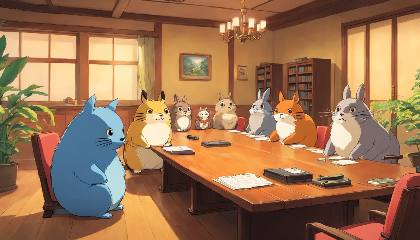 different types of cute animals gathering in a meeting room
