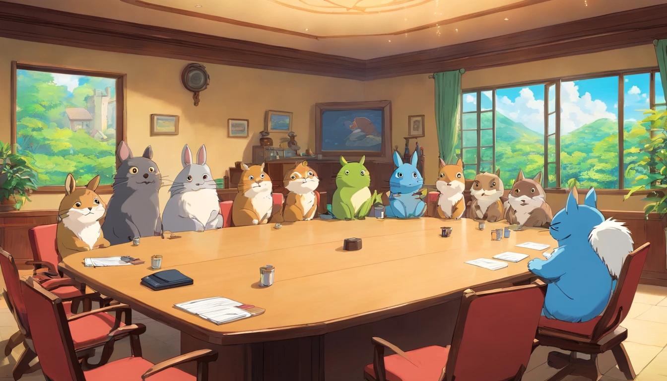 different types of cute animals gathering in a meeting room