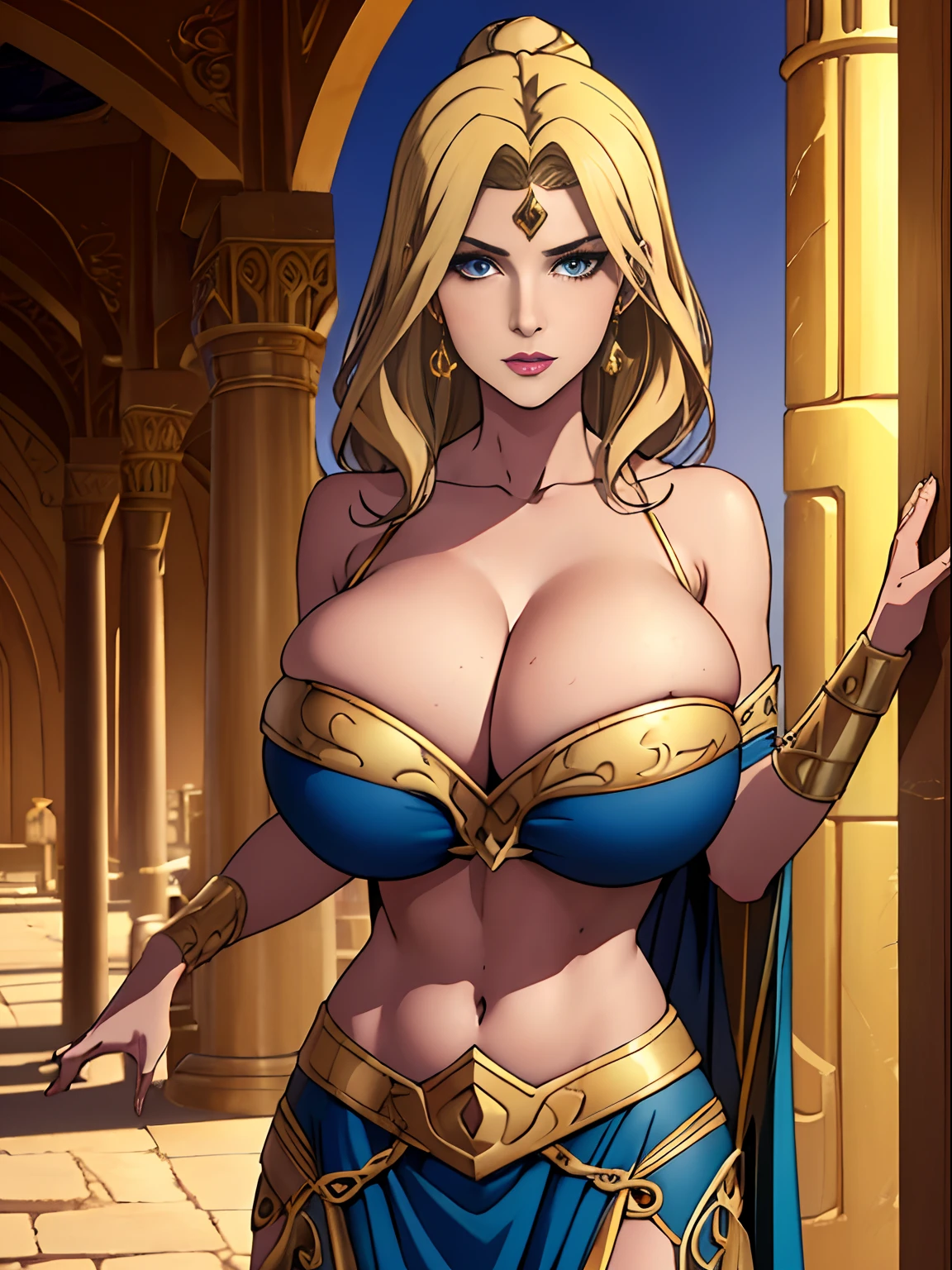 (masterpiece, top quality, best quality, official art, beautiful and aesthetic:1.2), (1girl:1.3), long wavy blonde hair, pale skin, extremely detailed, portrait, looking at viewer, solo, (full body:0.6), detailed background, close up, mischievous eyes, (hot summer desert Arabia theme:1.1), Persian duelist woman, dark makeup, charlatan, smirk, mysterious, walking in desert, revealing blue and gold and sapphire Arabian harem girl attire, see through clothes, sheer fabric, poofy blue pants, tight tube top, jewelry, armlets, elaborate necklaces, blue fabric, gold jewelry, precious stones, scimitar, curved sword, ((((gigantic breasts, cleavage, skindentation)))), slim waist, slim hips, long legs, ancient (Arabian palace exterior:1.1) background, dark mysterious lighting, shadows, magical atmosphere, dutch angle,