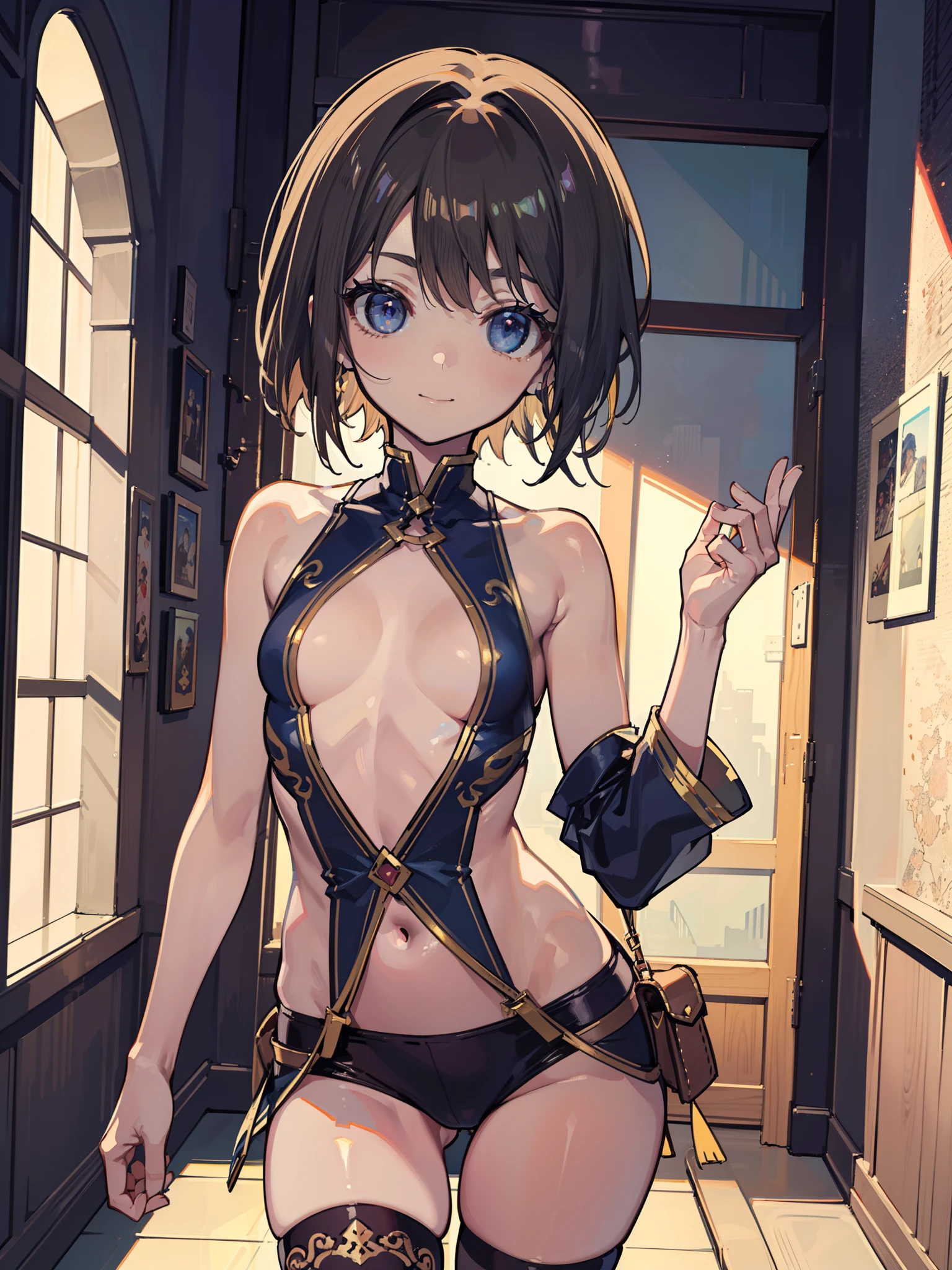 (Best quality, high quality:1.1), (masterpiece:1.1), High-Res, Fantasy anime, light brown skin tone, tanned skin, (loli, very young girl:1.2), adventurer, equipment, medieval clothes, very small breasts, flat chest, thigh highs, very happy, beautiful face, beautiful body, very athletic, highly detailed eyes, best quality eyes, very beautiful hair, perfect anatomy, realistic light, high quality shadows, 4k Resolution,  RTX on,