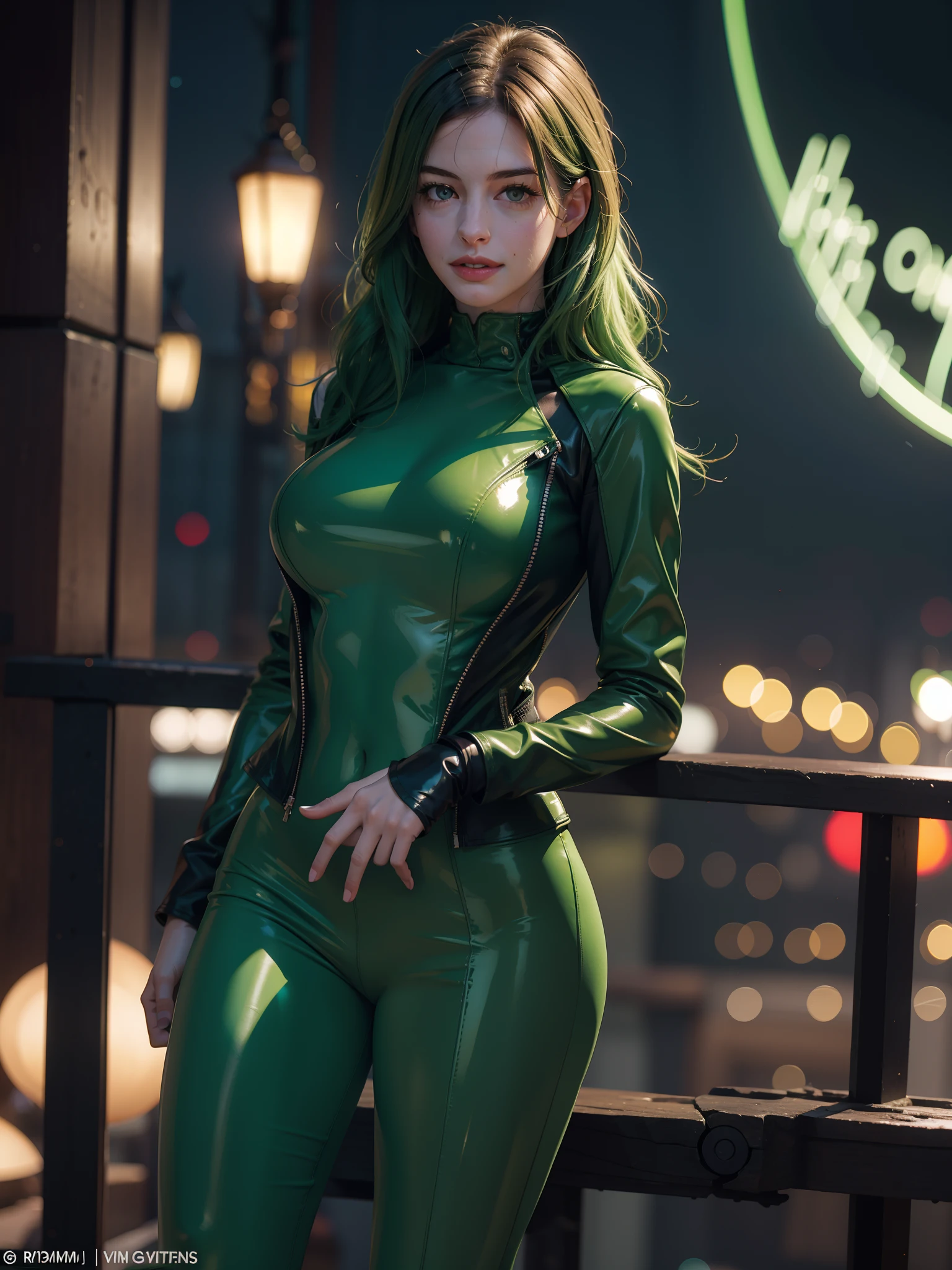 (1 lady), Anne Hathaway beautiful face, Green hair , big boobs,perfect body shape, amazing eyes, warm smile, wearing latex green gloves, (green tight dress +long sleeves, green tight trousers, green leather Jacket ), (pantyhose:0.9),model pose, Canon EOS R, deep bokeh, 80mm lens, night city, Eiffel tower in background , neon lights, cinematic framing.