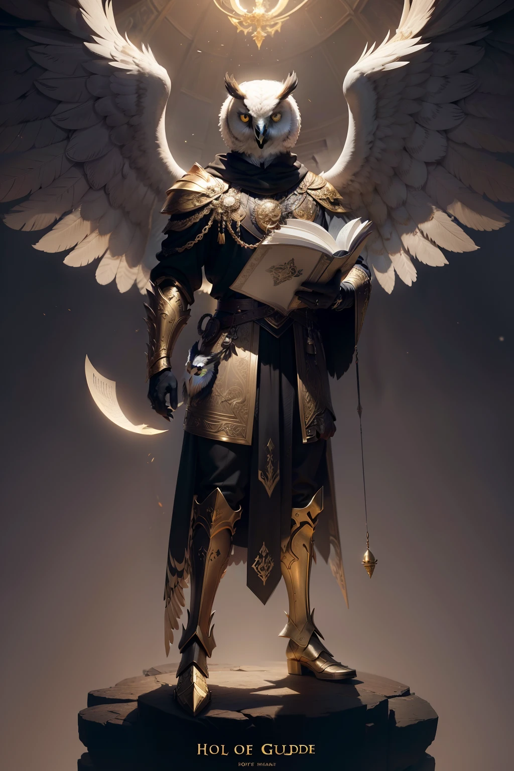 Inspiring Owl Guide Image, Man with the head of a white owl,Standing on your feet, wings behind her back, Hold the book in one hand, In gold and black robes, Fantasy art, high detail, Cinematic lighting, God the Holy, Гипер HD, hight resolution, full - body, bronze armor