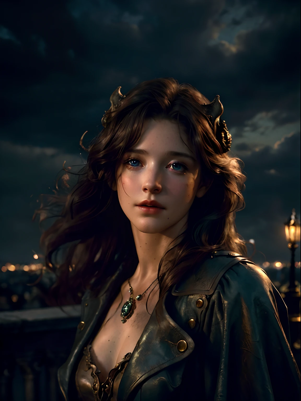 Masterpiece, Realistic, Photorealistic, Ultra Detailed, 8K, RAW photo, Depth of field, Realistic light, cinematic composition, skyscape with clouds, nightfall, Depth of field, 35 mm, Soft steampunk aesthetic, alive Gargoyle, on the roof of the Notre Damm, full-length portrait, Short Windblown hair, Smudge contour, Cute sexy, pleasure, Depth of field, (focus: 1.2), Dark atmosphere, Cinematic lighting, Detailed face and skin texture, historic movie Style, Faded colors