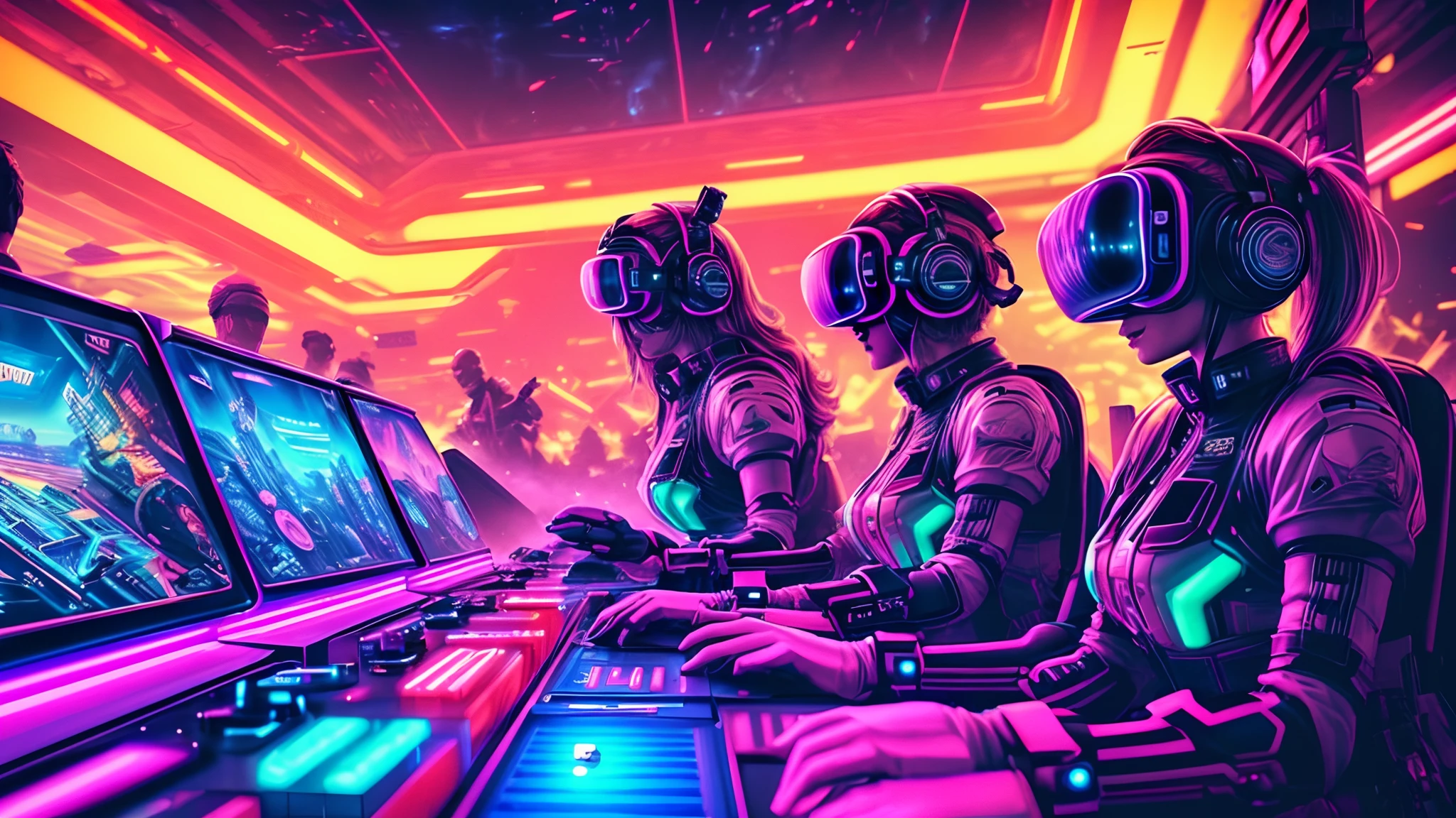 (Best quality,4K,8K,A high resolution,Masterpiece:1.2),Ultra-detailed,(Realistic,Photorealistic,photo-realistic:1.37)
Arcade, Neon lights, vintage vibes, Futuristic cyberpunk, Fantastic atmosphere
Bright colors, vibrant paint palette, Contrasting tones
Amazing building, Futuristic city landscape, towering skyscrapers, Holographic billboard
Busy streets, bustling crowd, People dressed in futuristic fashion
Arcade consoles, Illuminated buttons, Joystick controller
Virtual reality games, immersive experience, Puzzling visuals
Dream fog, Neon light, Particles floating in the air
Synth-wave music, Energetic beats, Nostalgic tunes full of space
excited, adrenaline rush, Laughter, Friends who enjoy the gaming experience
Unforgettable moments, intense competition, High score, Triumphal celebration