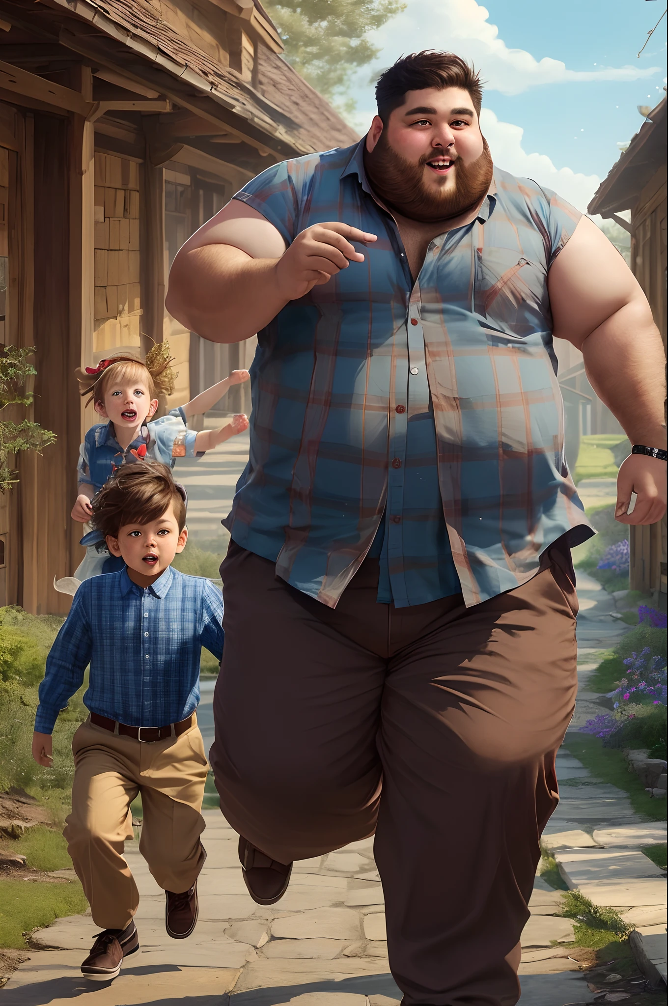 10'3" tall obese man with a brown beard wearing a blue plaid shirt chasing after a small child.  Fairy tale art style