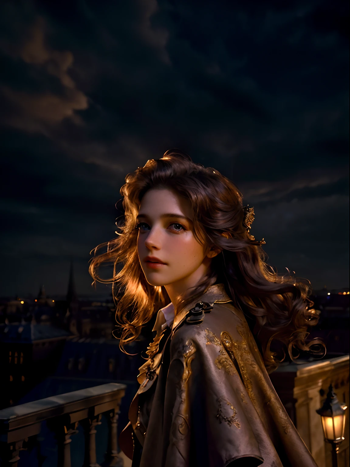 Masterpiece, Realistic, Photorealistic, Ultra Detailed, 8K, RAW photo, Depth of field, Realistic light, cinematic composition, skyscape with clouds, nightfall, Depth of field, 35 mm, Soft steampunk aesthetic, alive Gargoyle, on the roof of the Notre Damm, full-length portrait, Short Windblown hair, Smudge contour, Cute sexy, pleasure, Depth of field, (focus: 1.2), Dark atmosphere, Cinematic lighting, Detailed face and skin texture, historic movie Style, Faded colors