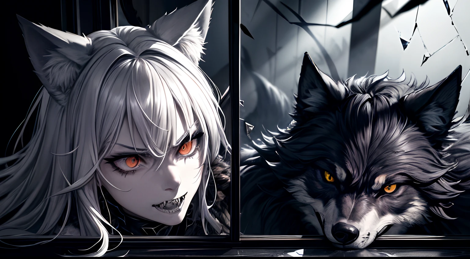 Best Quality,Ultra-detailed,Realistic,Portrait,beautiful detail eyes,Dangerous and expressive eyes,,Wild & Wild Hair,Fierce expression on his face,canny smile,Piercing gaze,sharp teeth,Ferocious and elegant,wolf ears and tail,Dmnaya atmosphere,ominous shadows,Cold moonlight,A sinister aura,Mysterious and enchanting,night setting,A dark and creepy room,broken window,Broken glass,Wolf paw prints on the floor,Fear and excitement are in the air,Interloper,An Unexpected Encounter,Heartbreaking suspense,An exciting and tense moment