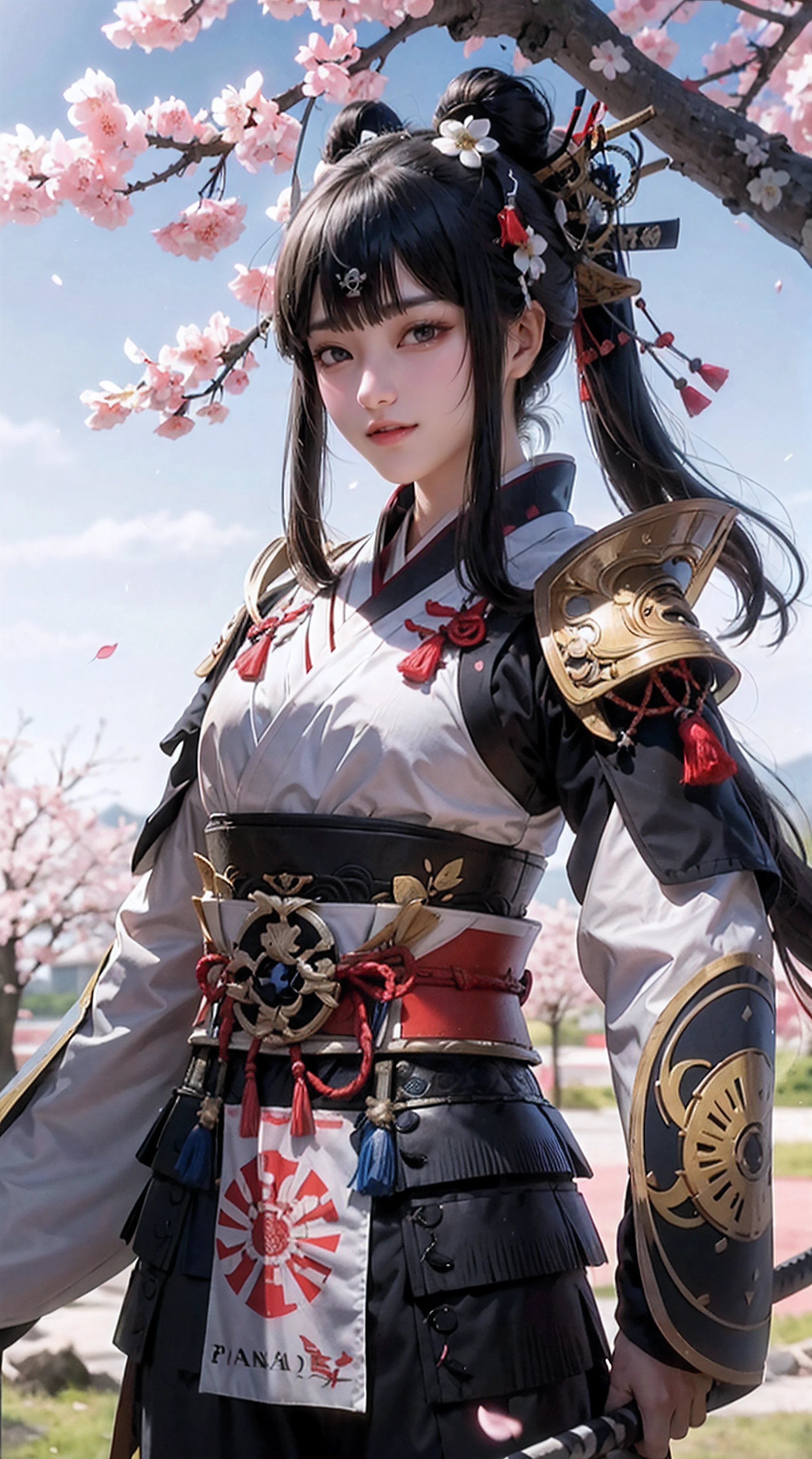 A brave and noble panda boy samurai warrior, wearing highly detailed white samurai armor, wearing a sashimono war flag on his back, sengoku period, highly detailed background, cherry blossoms blowing in the wind, perfect masterpiece, high quality, high resolution