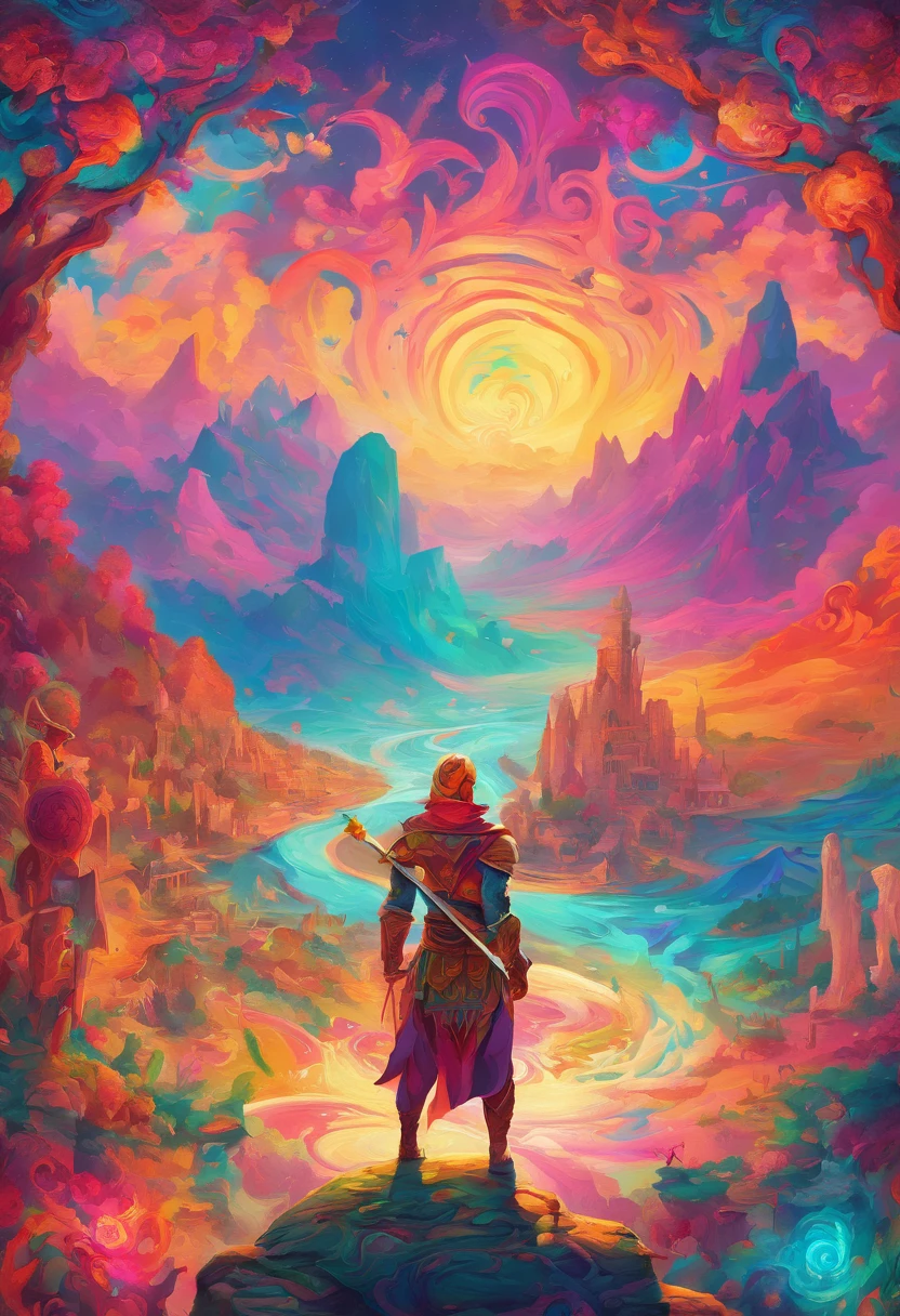 beautiful sword, heroic warrior, intense action, vibrant colors, dynamic composition, atmospheric perspective, intricate armor, flowing cape, dramatic shadows, epic battle, ancient ruins, lively crowd, immersive environment, ancient trees, towering mountains, serene lake, mystical atmosphere, cinematic feel, immersive storytelling