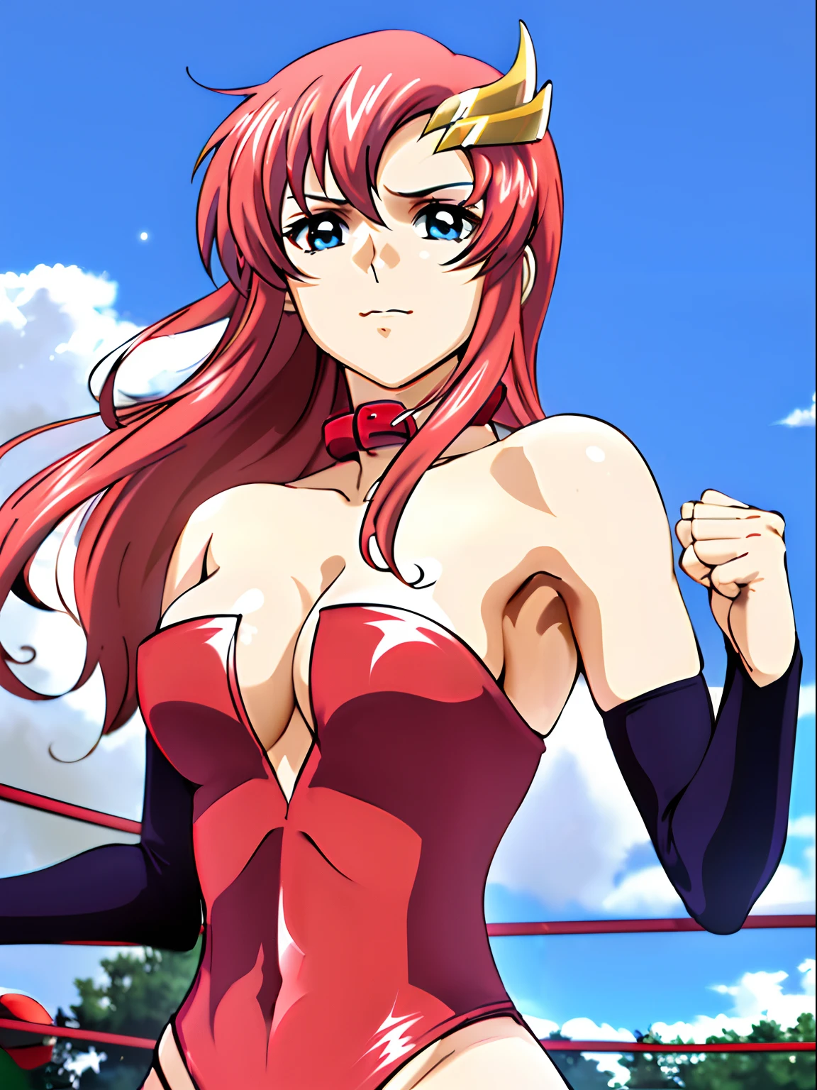 (((red strapless wrestling outfit, collar, red boots))), (upper body view, big mouth, Best Quality, Anime style: 1.9, Adult Woman, (cloud background), Anime, lacus4), 1girl, Solo, 鎖骨, scapular, (long hair, wide bangs, Hair Ornament, Detailed reddish-pink hair, golden crest), large hands, (blue eyes), ((little biceps, slender body, hourglass figure, broad shoulders, closed fists)), ((perfect proportions, medium breasts, cleavage, long belly)), (((mini red wrestling outfit))