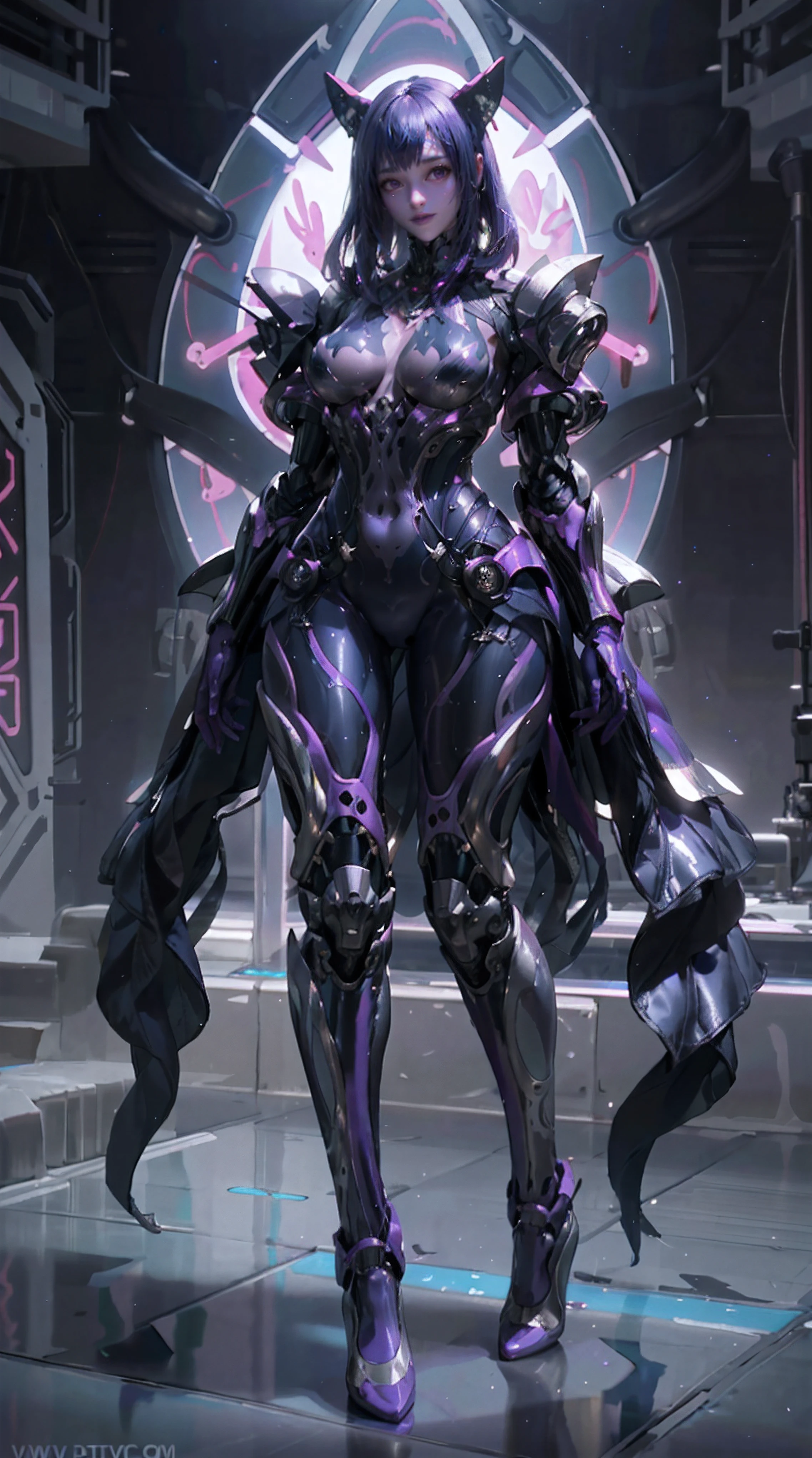 Allalyn in shiny purple suit standing on the floor, latex shiny, wearing atsuko kudo latex outfit, wearing tight suit, smooth purple skin, Purple body, shiny metallic glossy skin, shiny plastic, futuristic glossy latex suit, shiny plastic armor, shiny glossy skin, tight full body suit, Wearing latex, shiny and metallic, Glowing purple, Glossy,Cloak, Skeleton exoskeleton