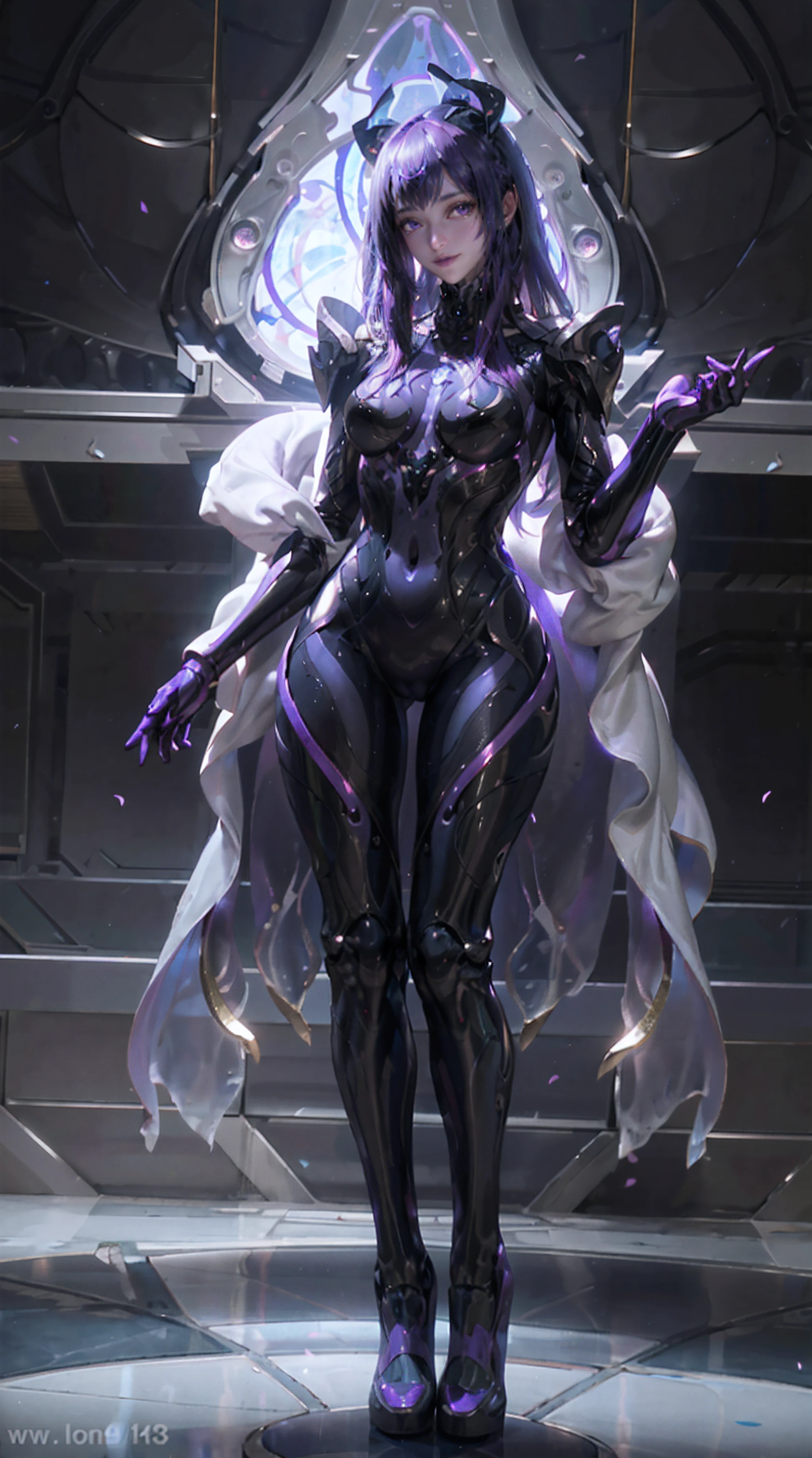 Allalyn in shiny purple suit standing on the floor, latex shiny, wearing atsuko kudo latex outfit, wearing tight suit, smooth purple skin, Purple body, shiny metallic glossy skin, shiny plastic, futuristic glossy latex suit, shiny plastic armor, shiny glossy skin, tight full body suit, Wearing latex, shiny and metallic, Glowing purple, Glossy,Cloak, Skeleton exoskeleton